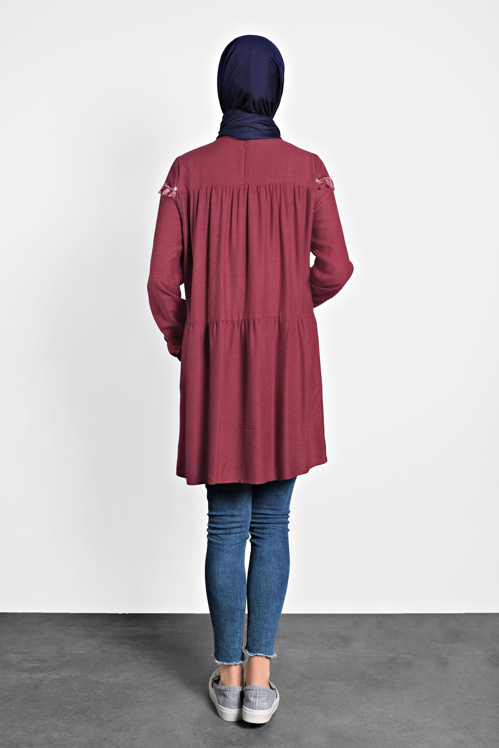 Tesettür giyim KIRMIZI PÜSKÜLLÜ PULLU PAYETLİ TUNİK 40116