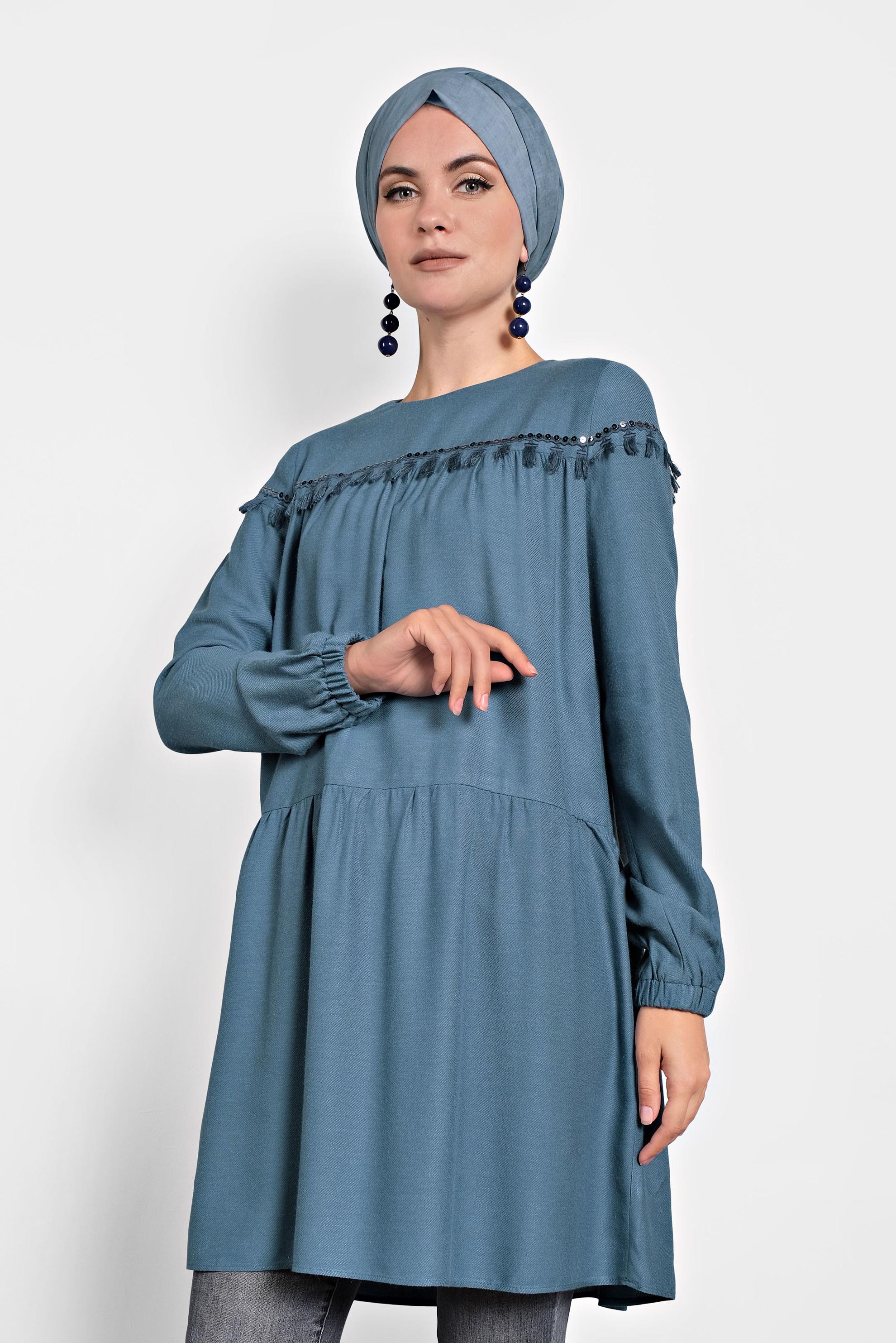 Tesettür giyim MAVİ PÜSKÜLLÜ PULLU PAYETLİ TUNİK 40116