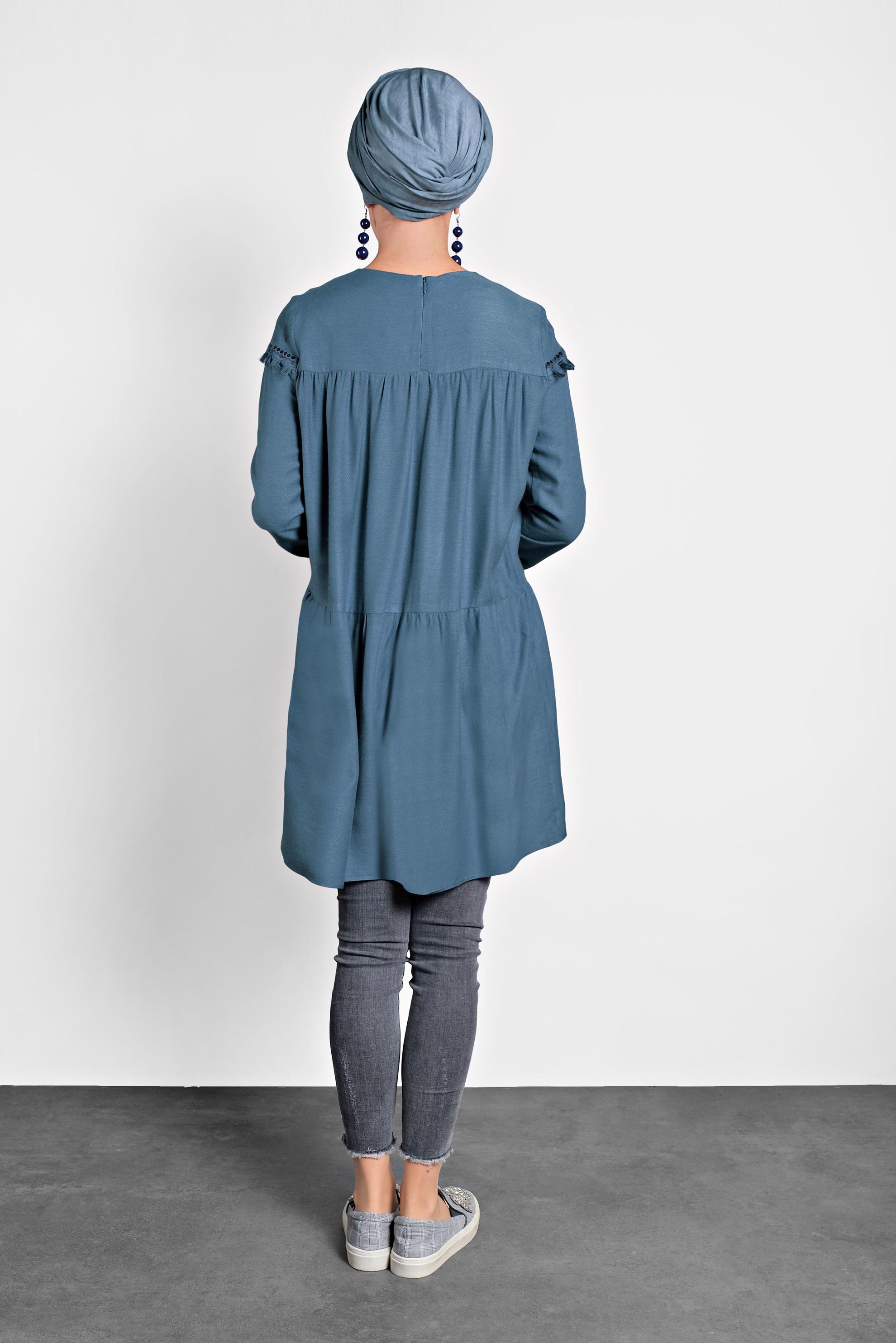 Tesettür giyim MAVİ PÜSKÜLLÜ PULLU PAYETLİ TUNİK 40116