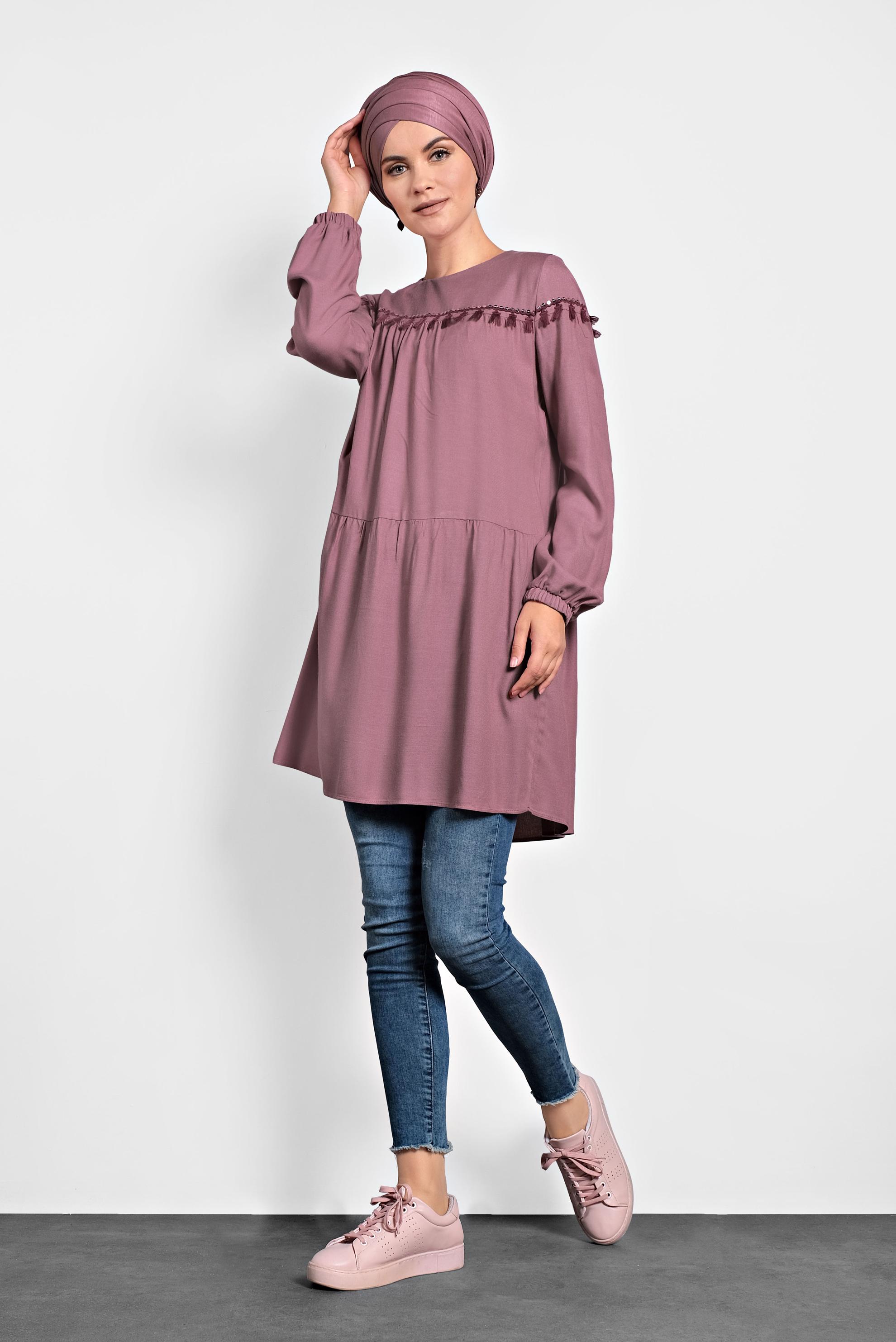 Tesettür giyim PEMBE PÜSKÜLLÜ PULLU PAYETLİ TUNİK 40116