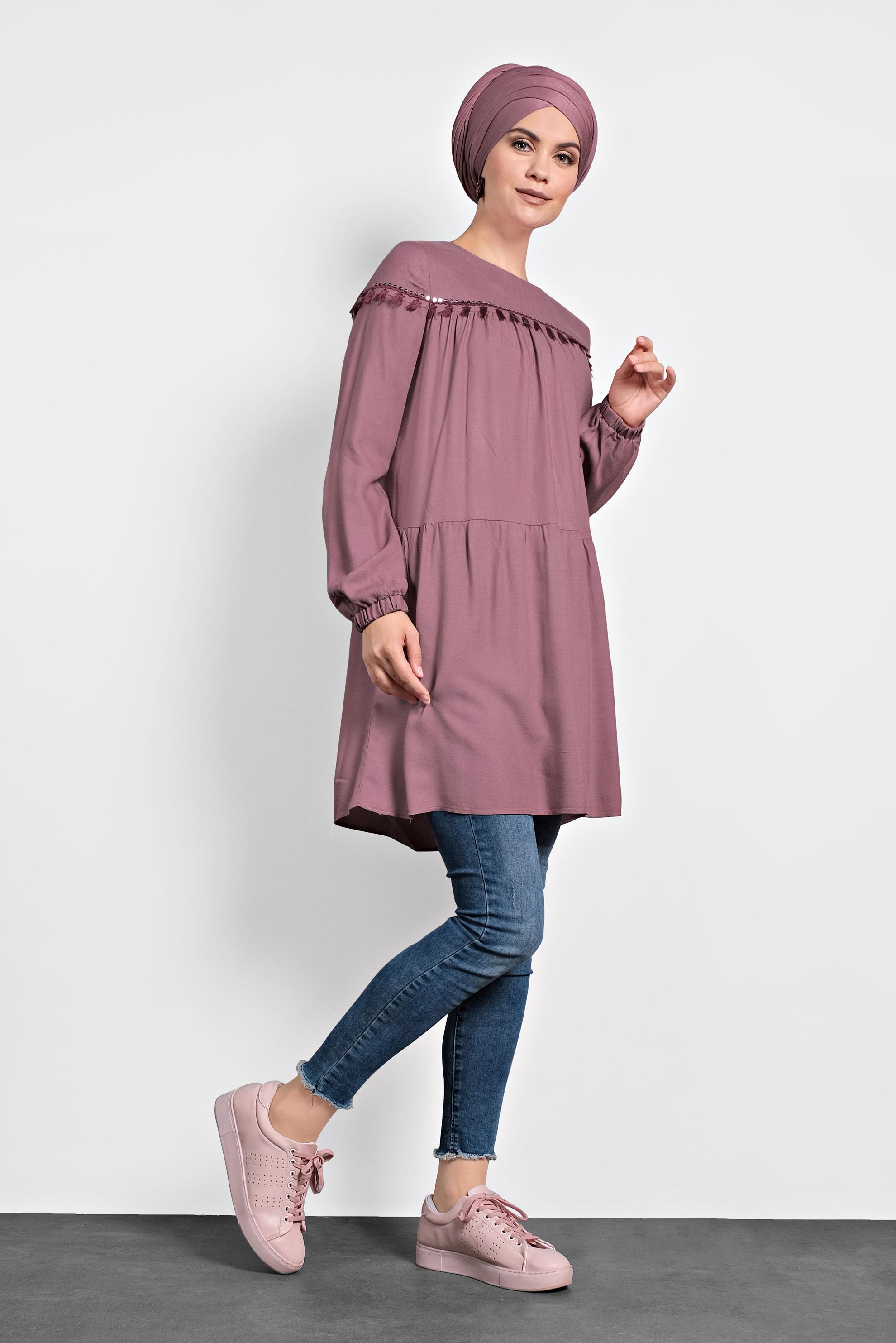 Tesettür giyim PEMBE PÜSKÜLLÜ PULLU PAYETLİ TUNİK 40116