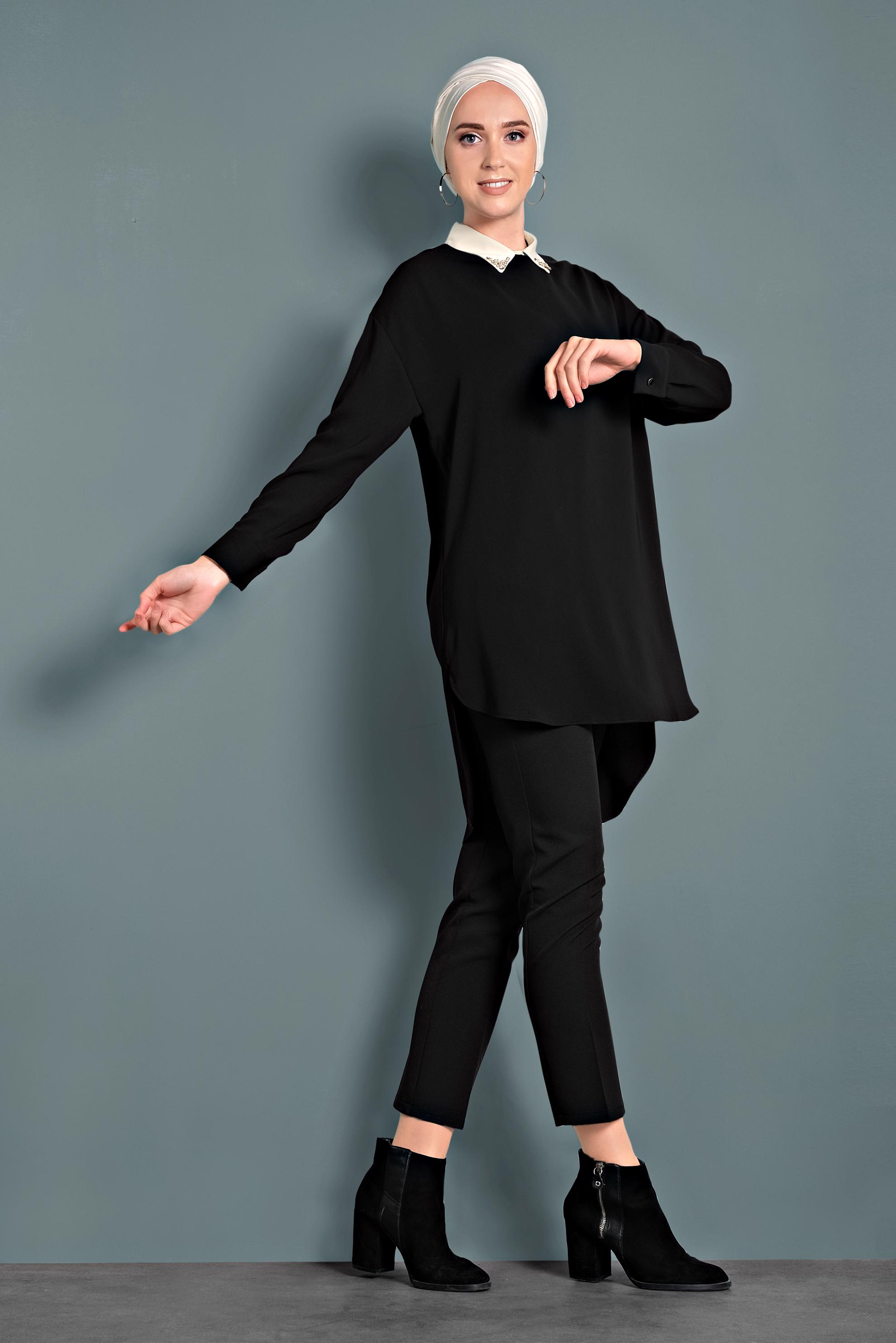 Tesettür giyim SİYAH ASİMETRİK KESİM TUNİK 40168