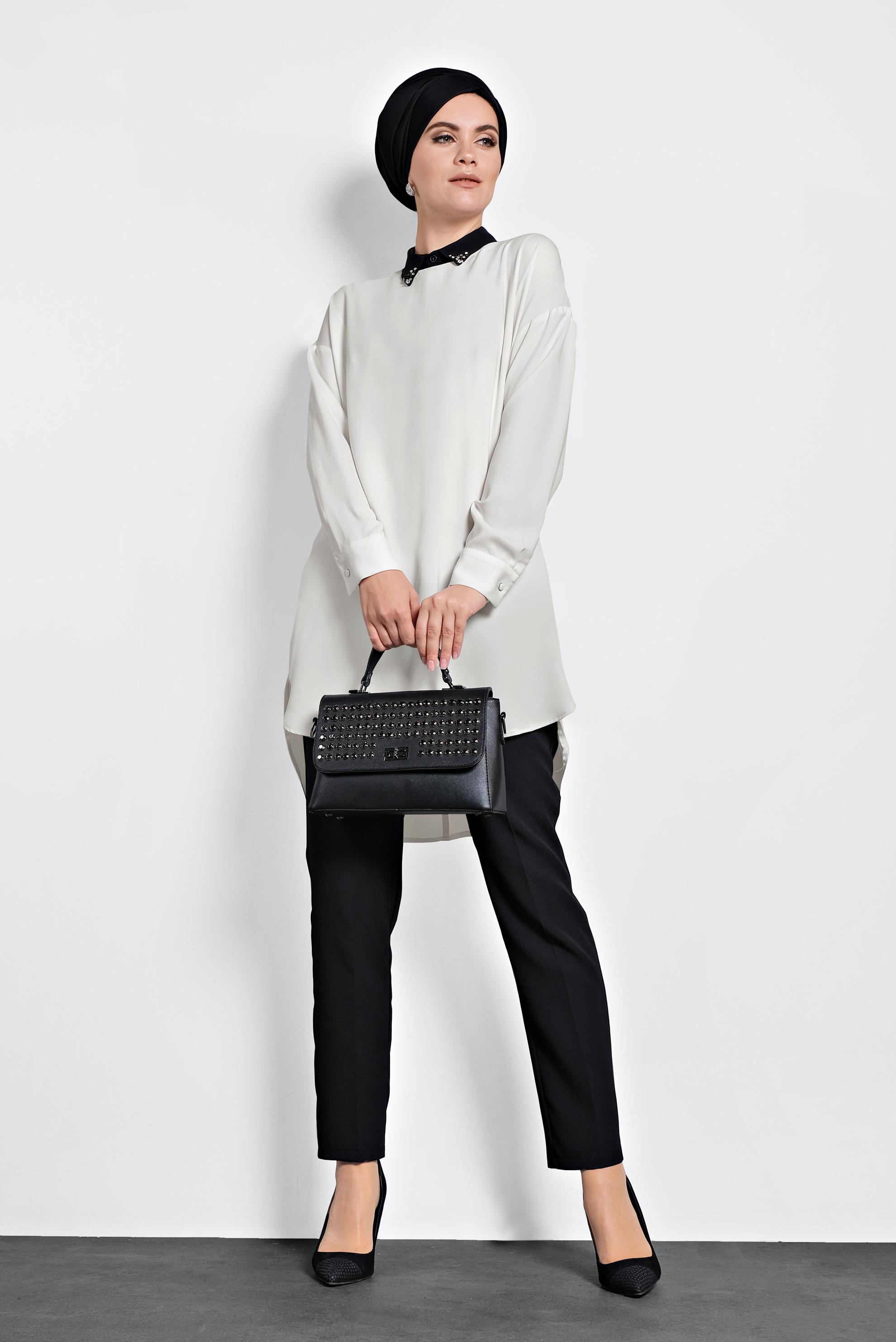 Tesettür giyim BEYAZ ASİMETRİK KESİM TUNİK 40168