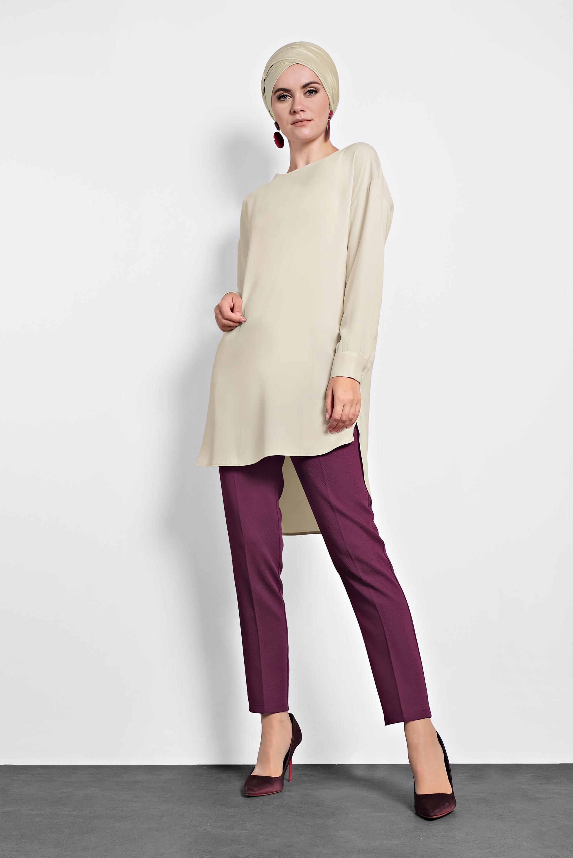 Tesettür giyim BEJ ASİMETRİK KESİM TUNİK 40168