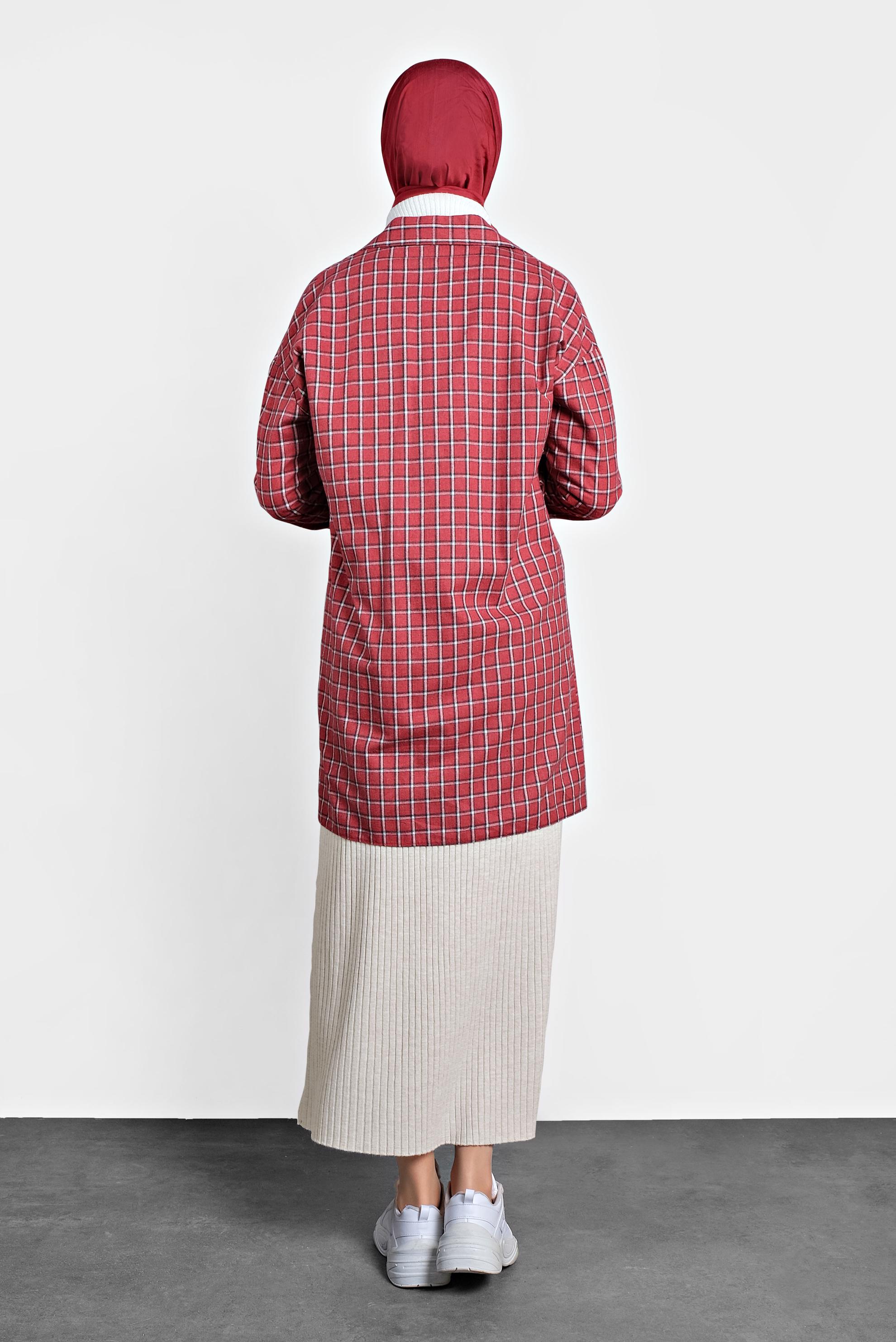 Tesettür giyim KIRMIZI PAMUKLU KARE DESENLİ TUNİK  40172