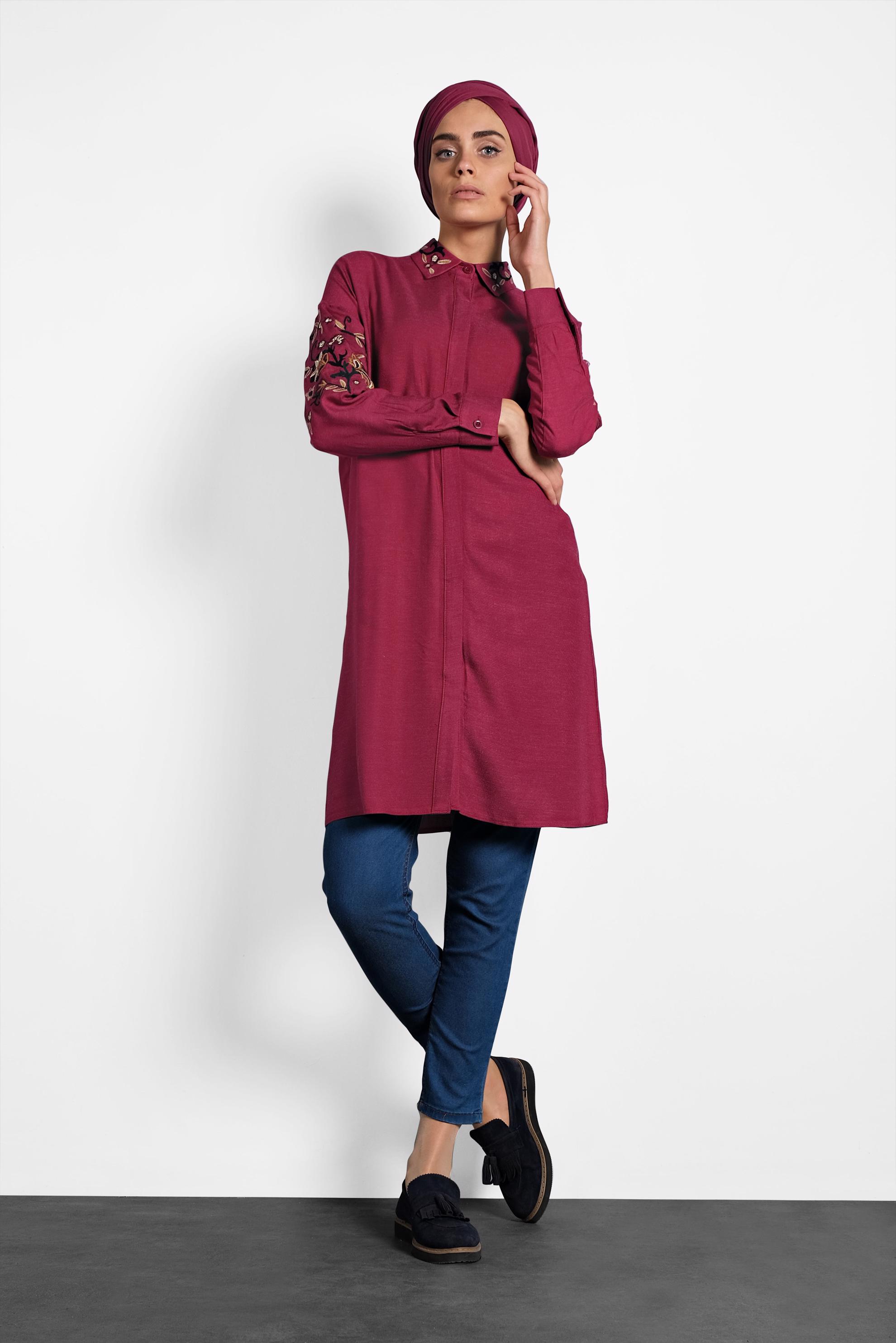 Tesettür giyim BORDO ÇİÇEK NAKIŞLI TUNİK 40238