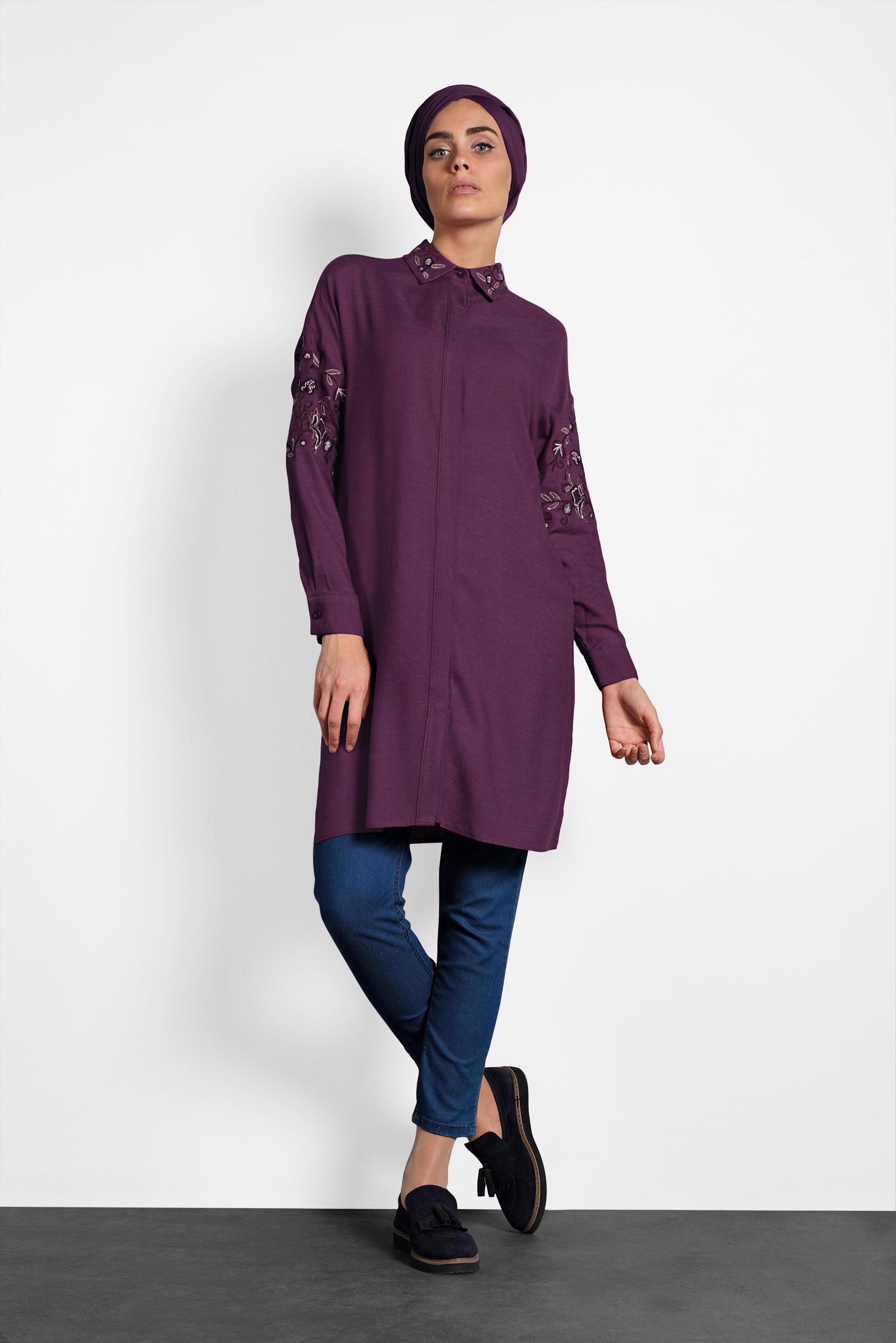 Tesettür giyim MÜRDÜM ÇİÇEK NAKIŞLI TUNİK 40238