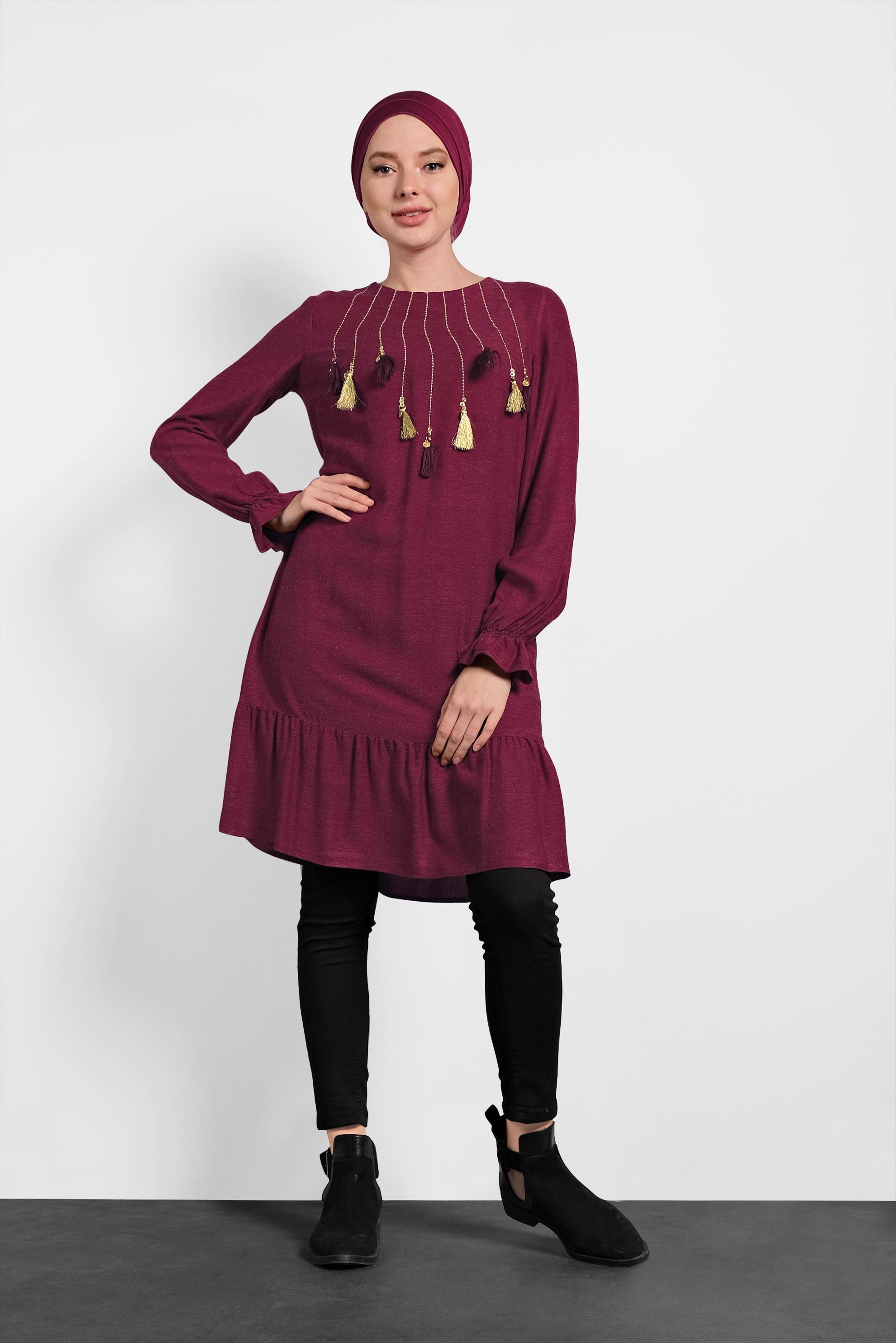 Tesettür giyim BORDO PÜSKÜLLÜ TUNİK 40290