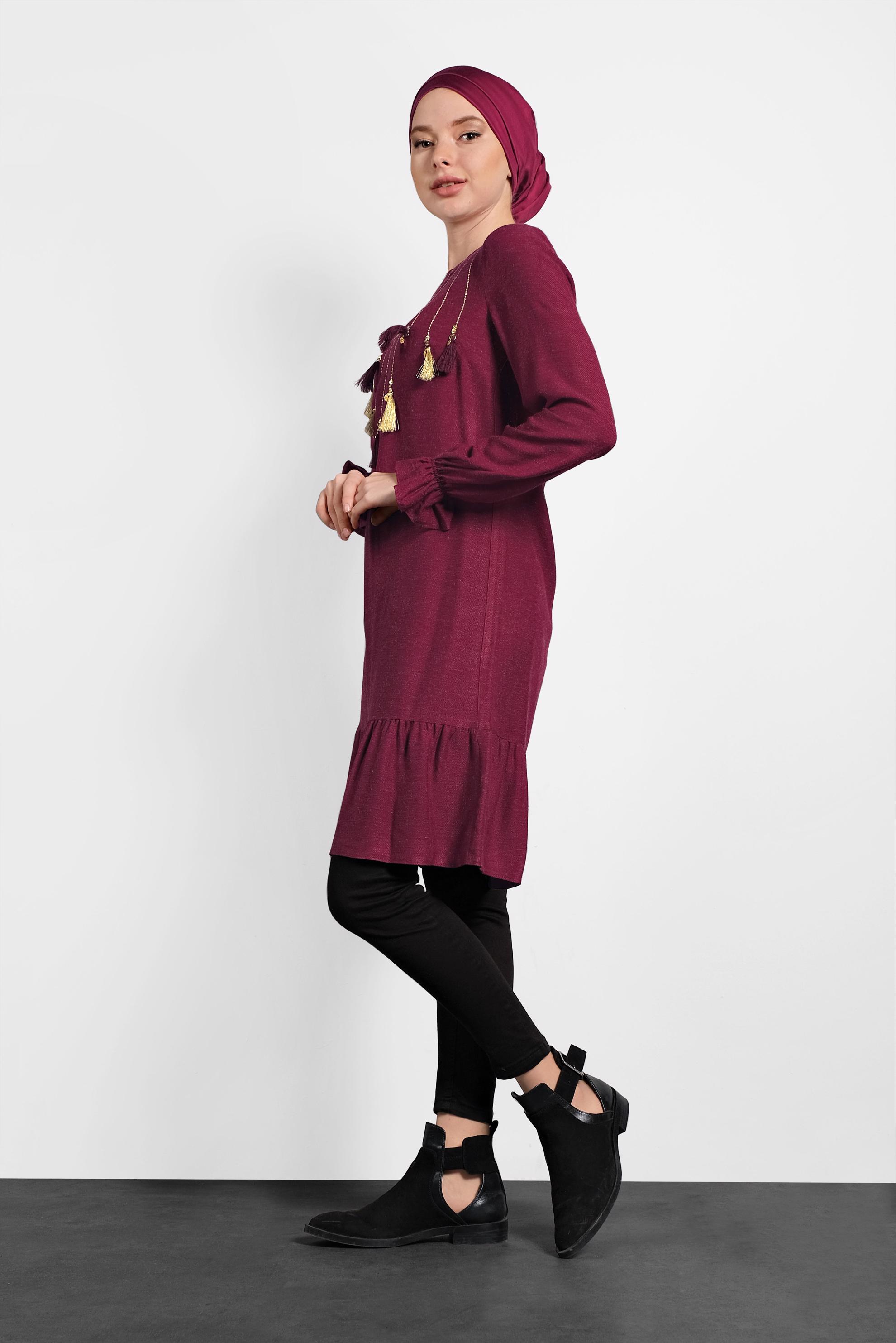 Tesettür giyim BORDO PÜSKÜLLÜ TUNİK 40290
