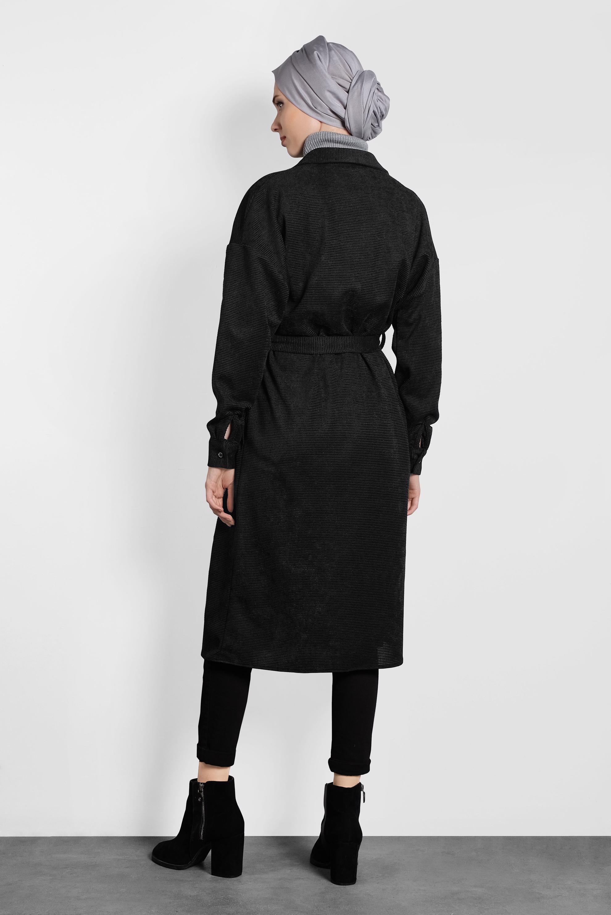 Tesettür giyim SİYAH KADİFE FİTİLLİ DÜĞMELİ TUNİK 40301