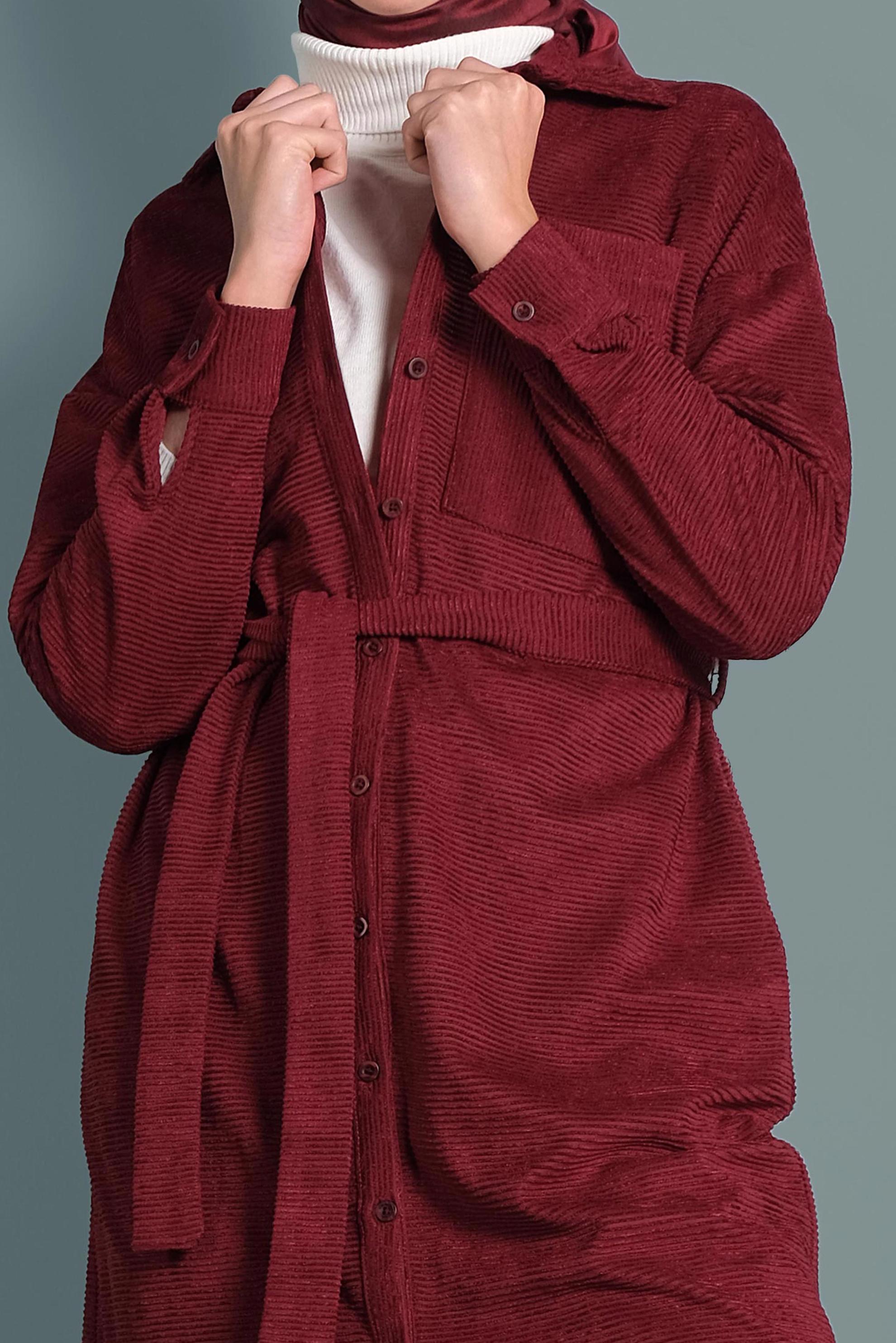 Tesettür giyim BORDO KADİFE FİTİLLİ DÜĞMELİ TUNİK 40301