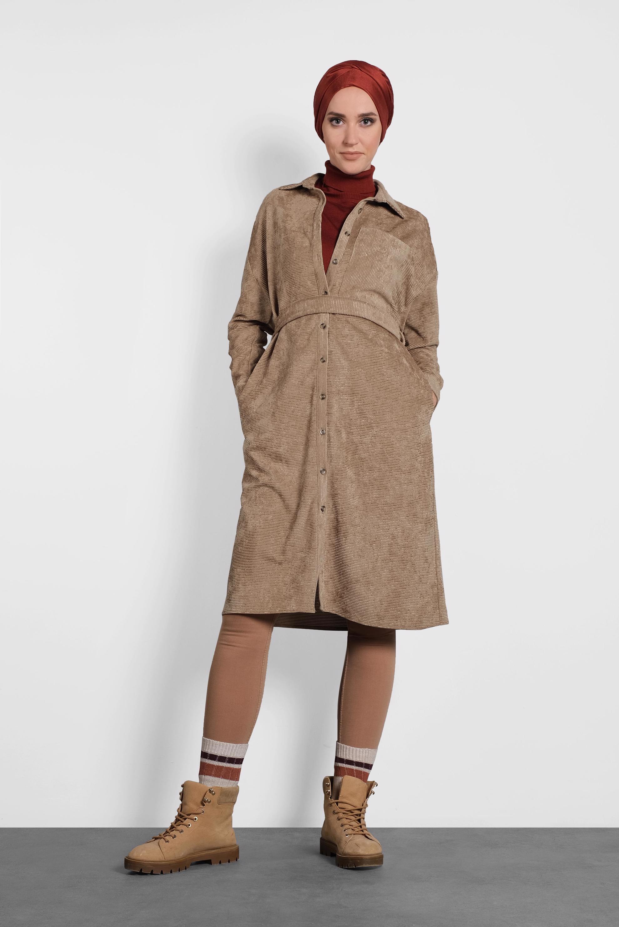 Tesettür giyim KAHVE KADİFE FİTİLLİ DÜĞMELİ TUNİK 40301