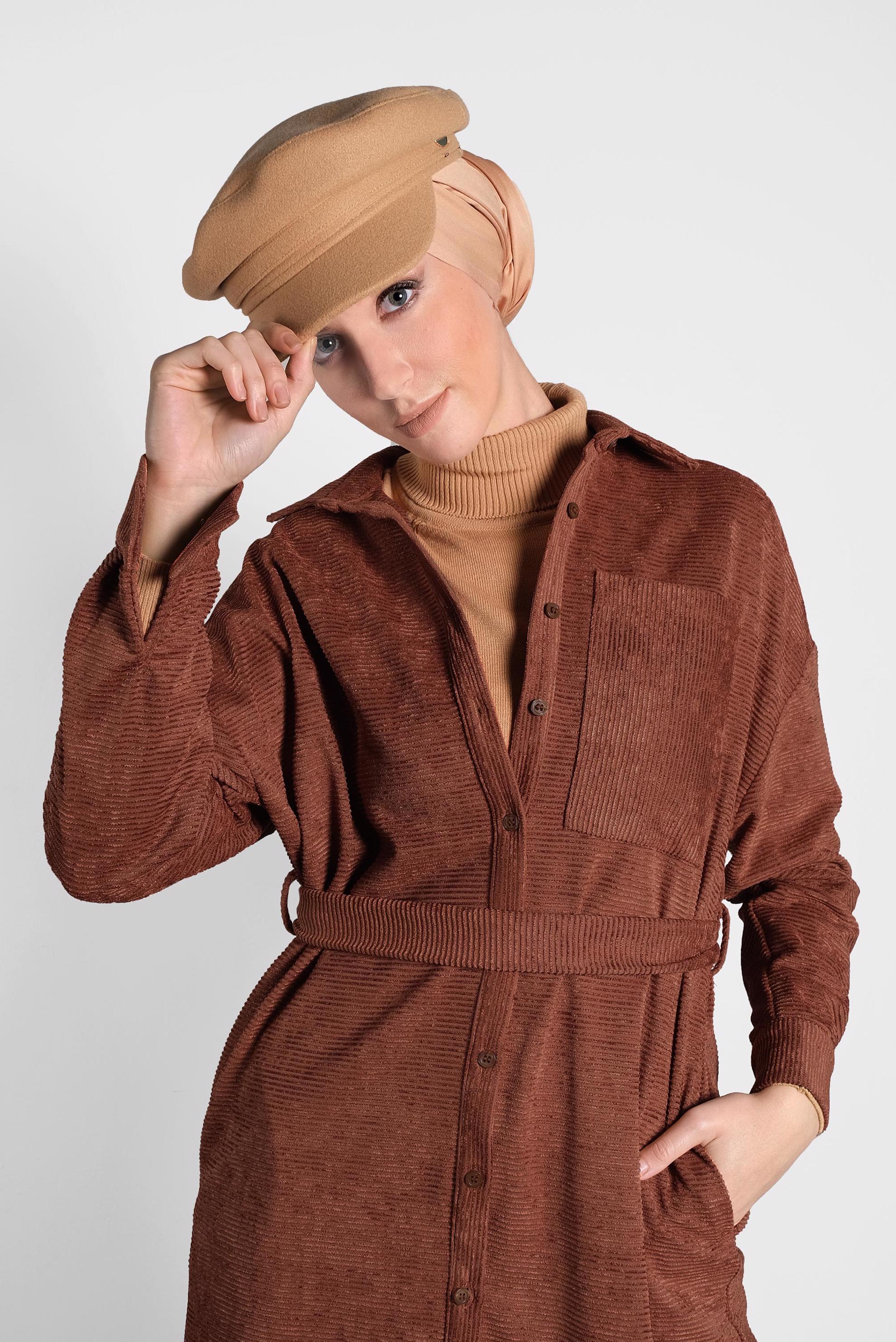 Tesettür giyim TURUNCU KADİFE FİTİLLİ DÜĞMELİ TUNİK 40301