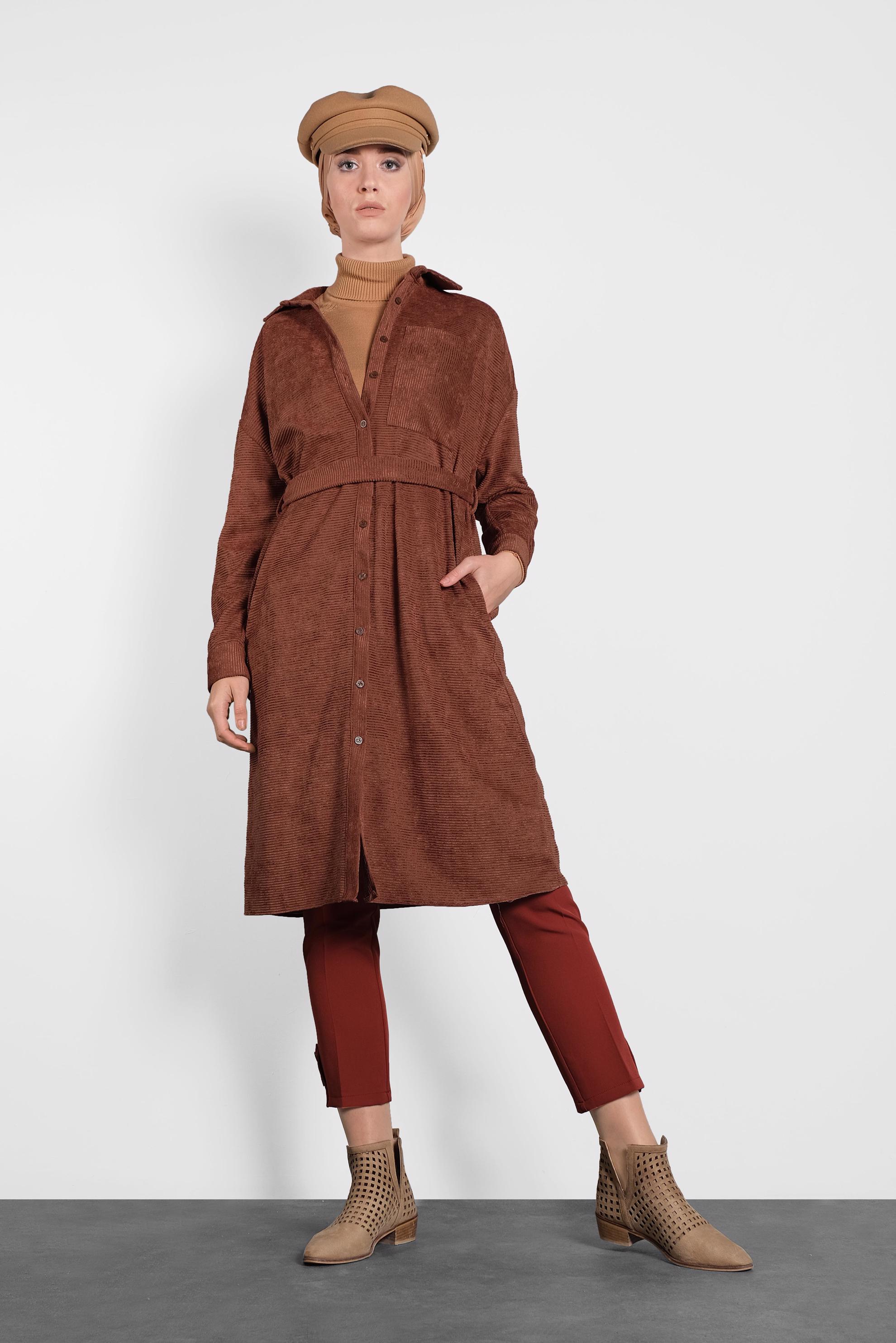 Tesettür giyim TURUNCU KADİFE FİTİLLİ DÜĞMELİ TUNİK 40301