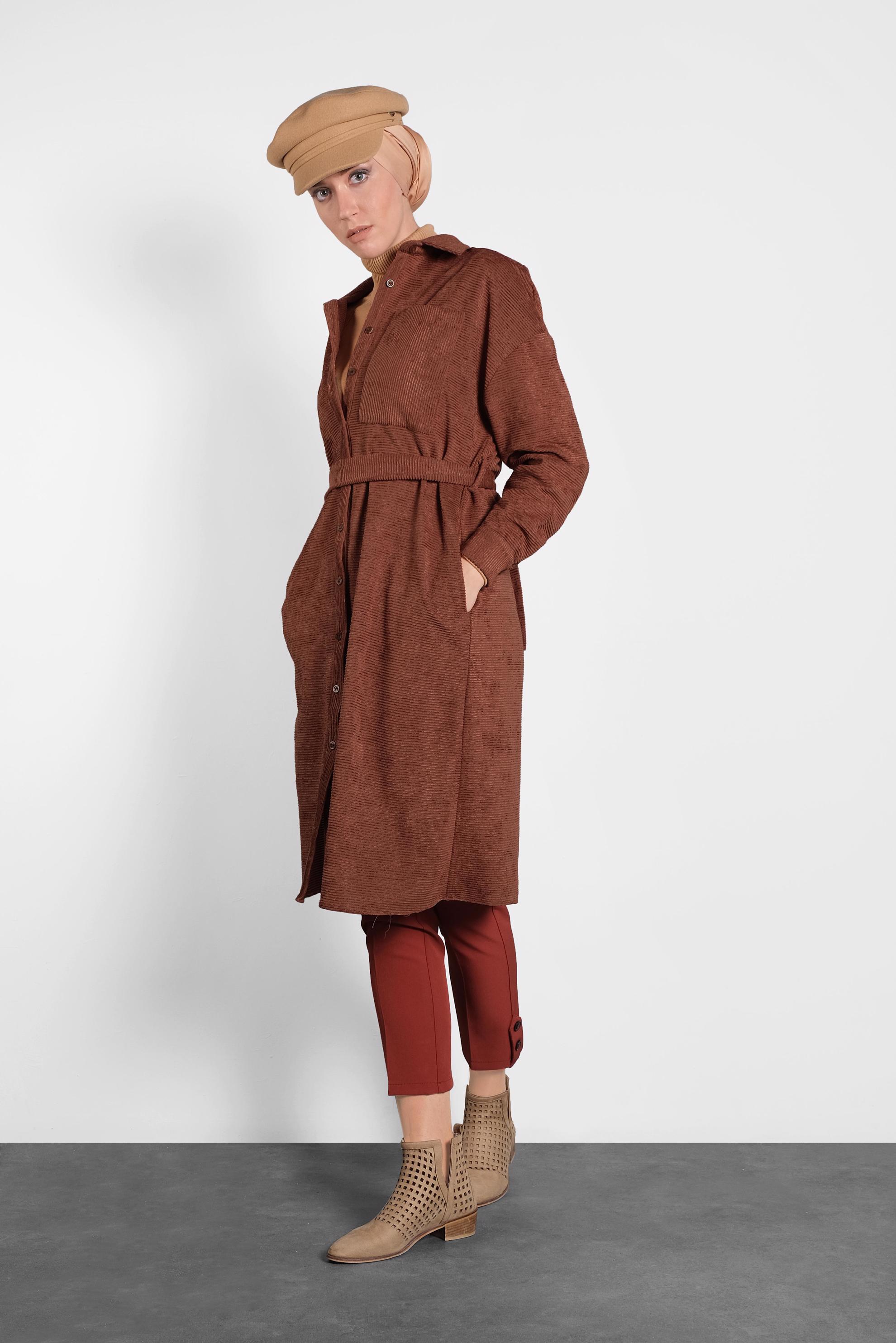 Tesettür giyim TURUNCU KADİFE FİTİLLİ DÜĞMELİ TUNİK 40301