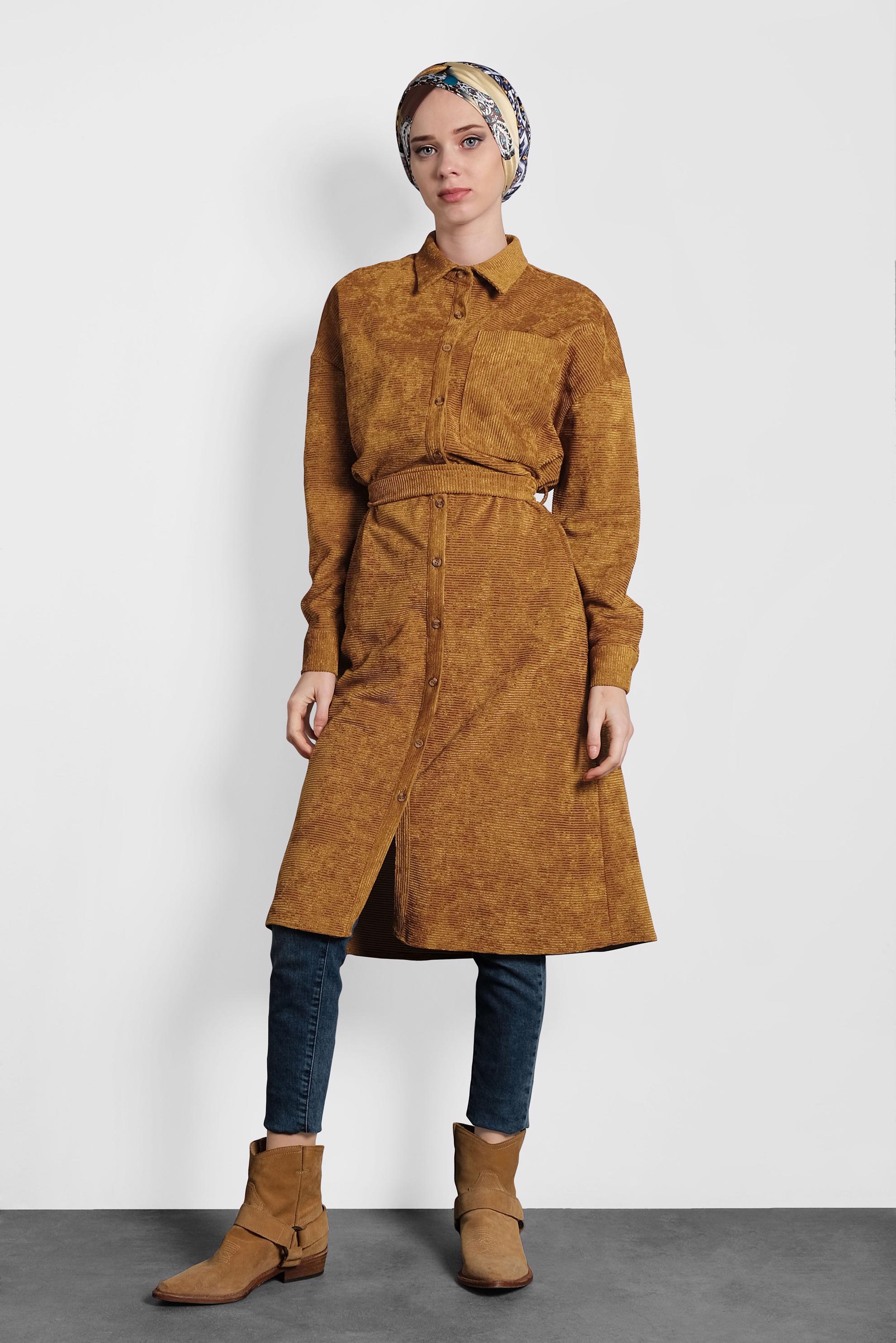 Tesettür giyim TABA KADİFE FİTİLLİ DÜĞMELİ TUNİK 40301