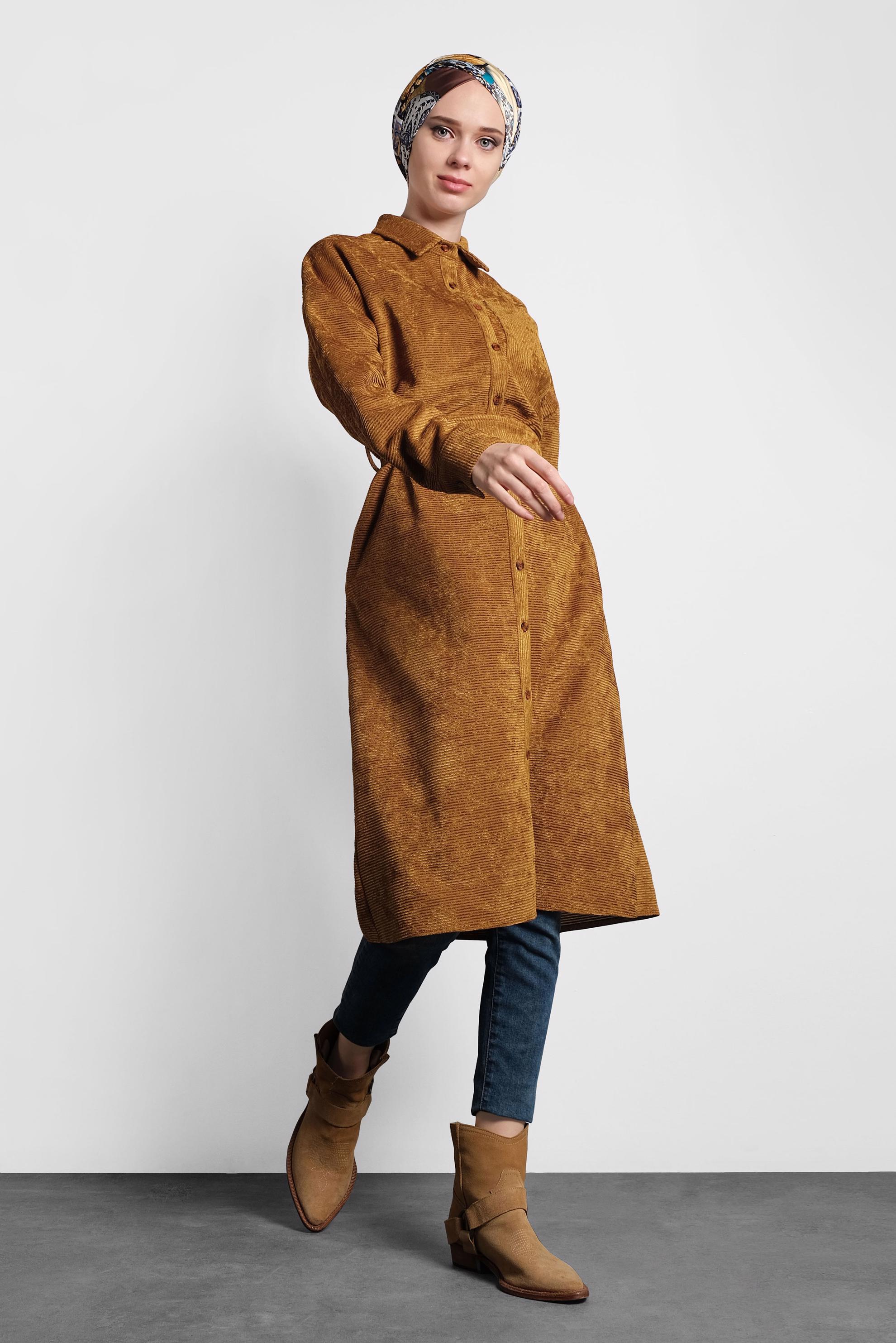 Tesettür giyim TABA KADİFE FİTİLLİ DÜĞMELİ TUNİK 40301