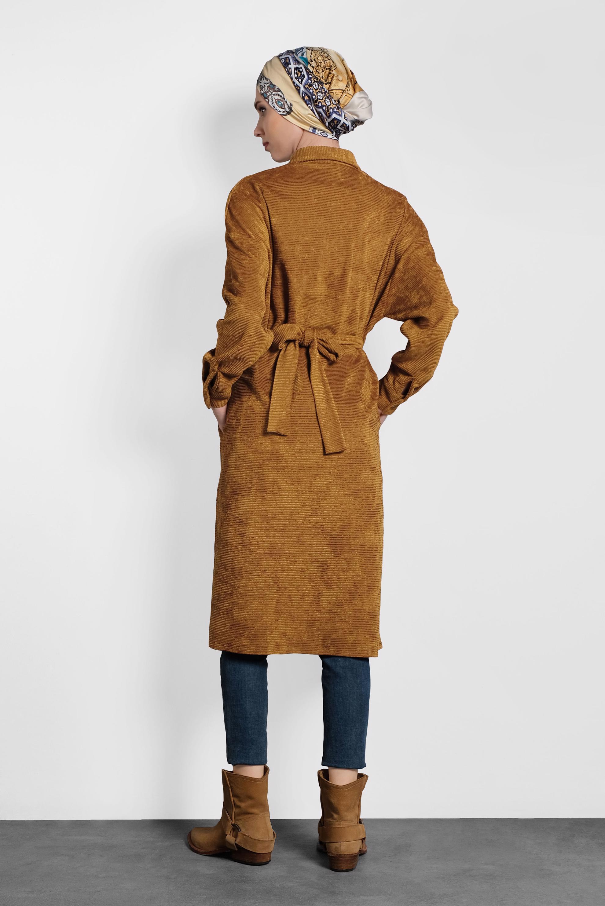 Tesettür giyim TABA KADİFE FİTİLLİ DÜĞMELİ TUNİK 40301