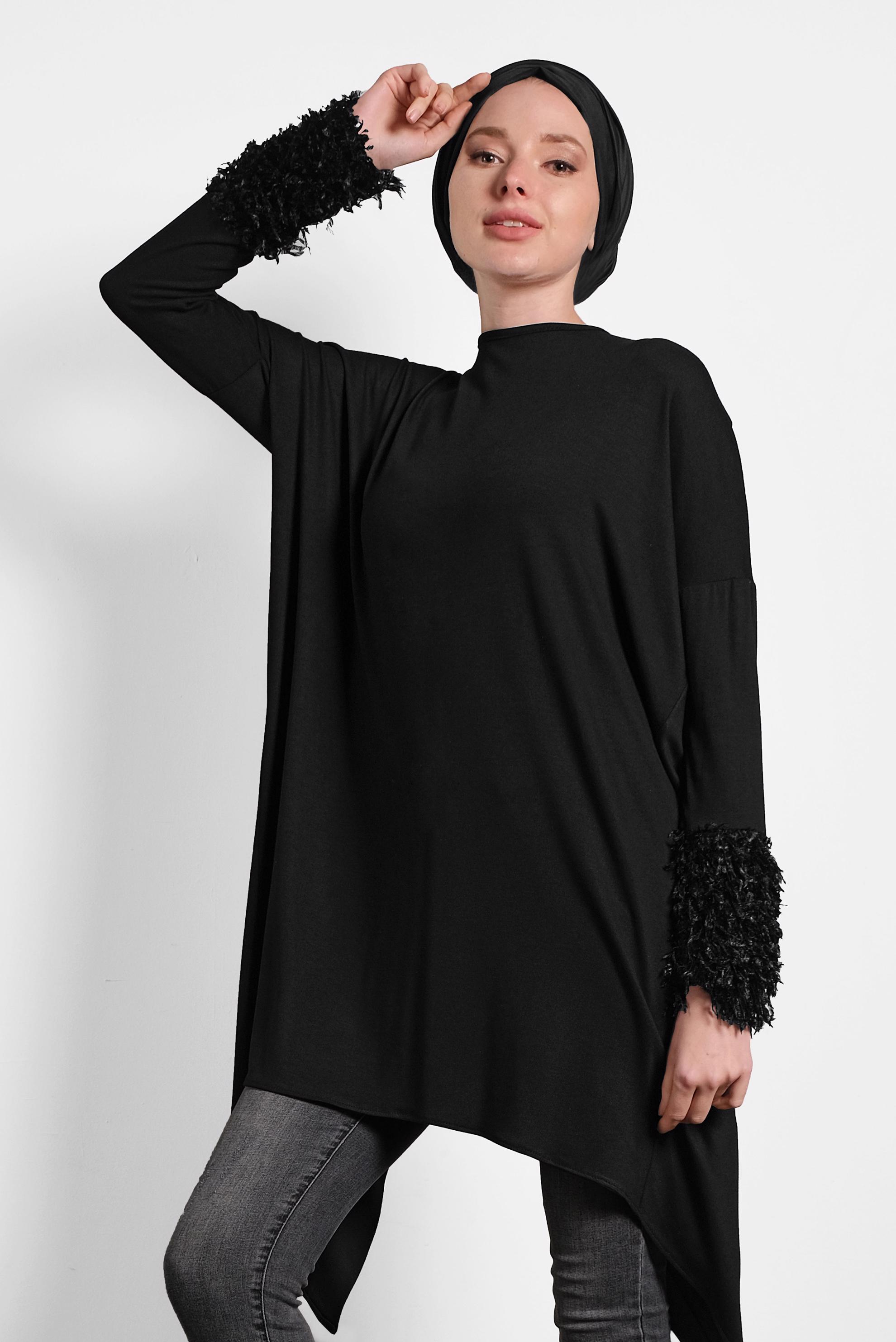 Tesettür giyim SİYAH ASİMETRİK KESİM TUNİK 40320