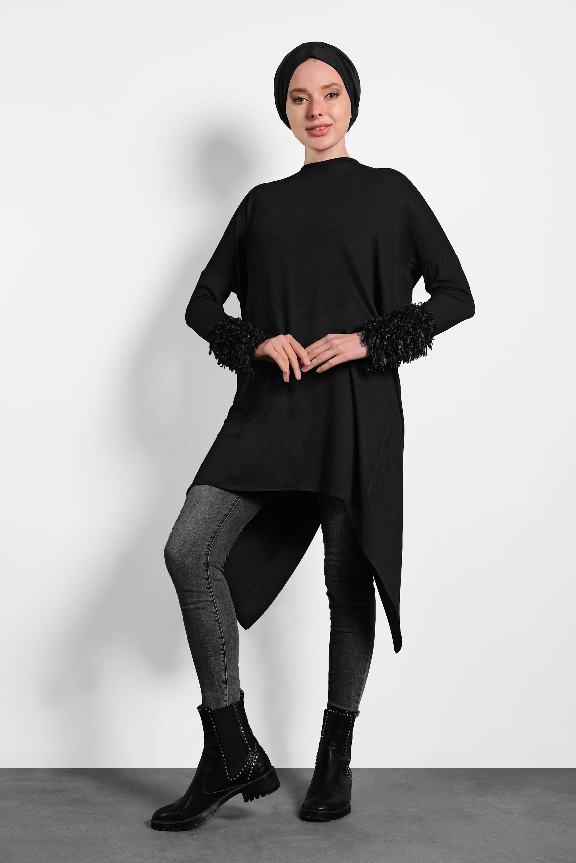 Tesettür giyim SİYAH ASİMETRİK KESİM TUNİK 40320