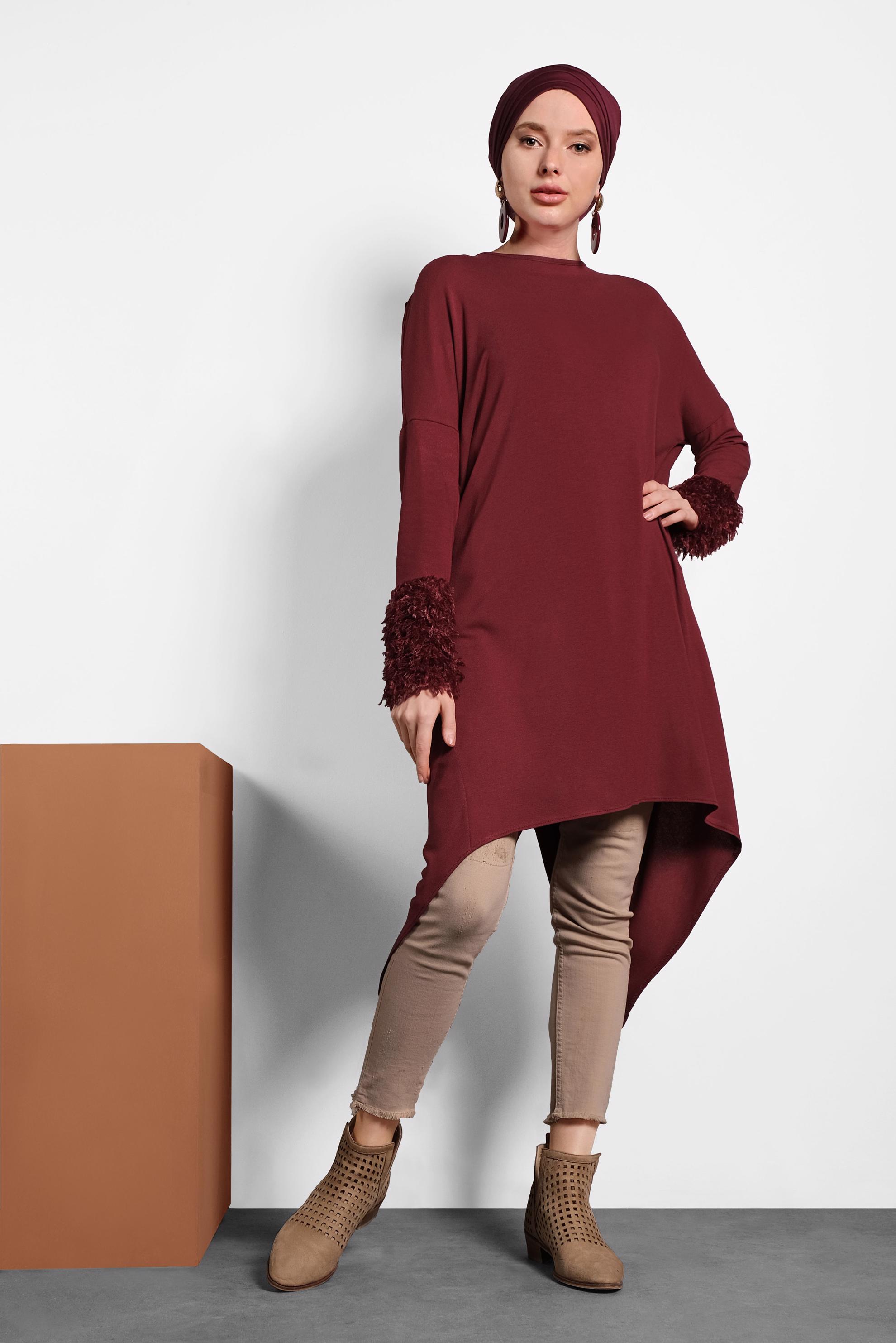 Tesettür giyim BORDO ASİMETRİK KESİM TUNİK 40320