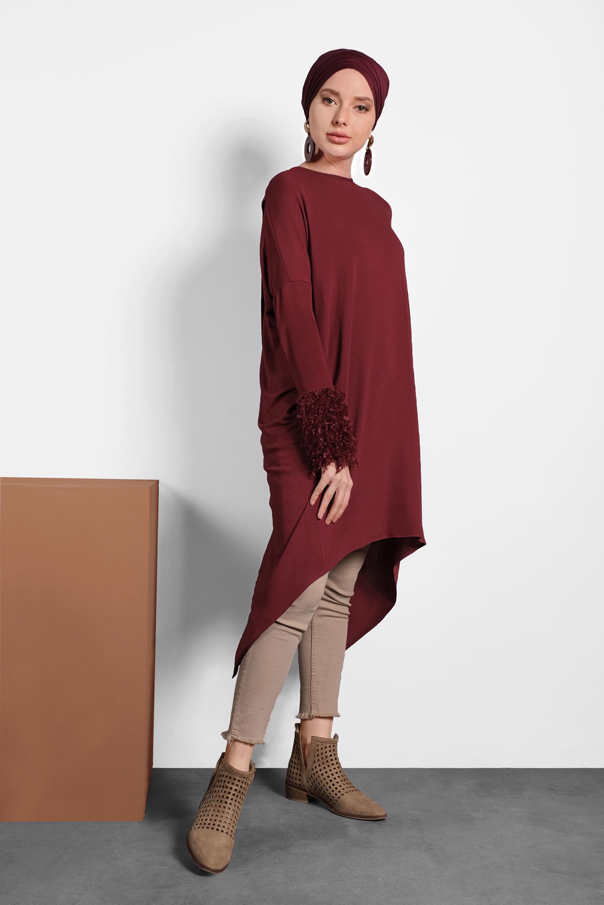 Tesettür giyim BORDO ASİMETRİK KESİM TUNİK 40320