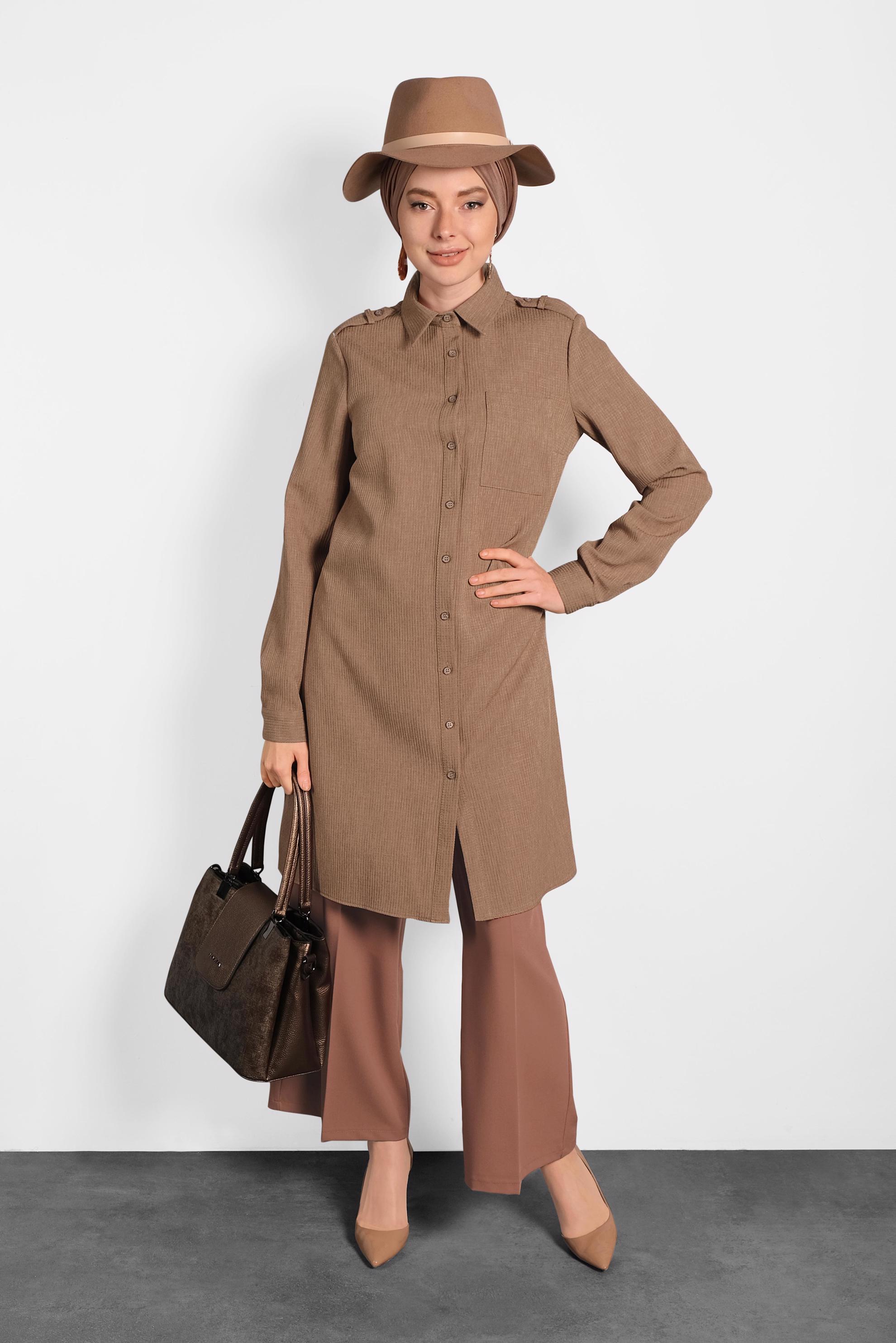 Tesettür giyim KAHVE BOYDAN DÜĞMELİ TUNİK 40373 