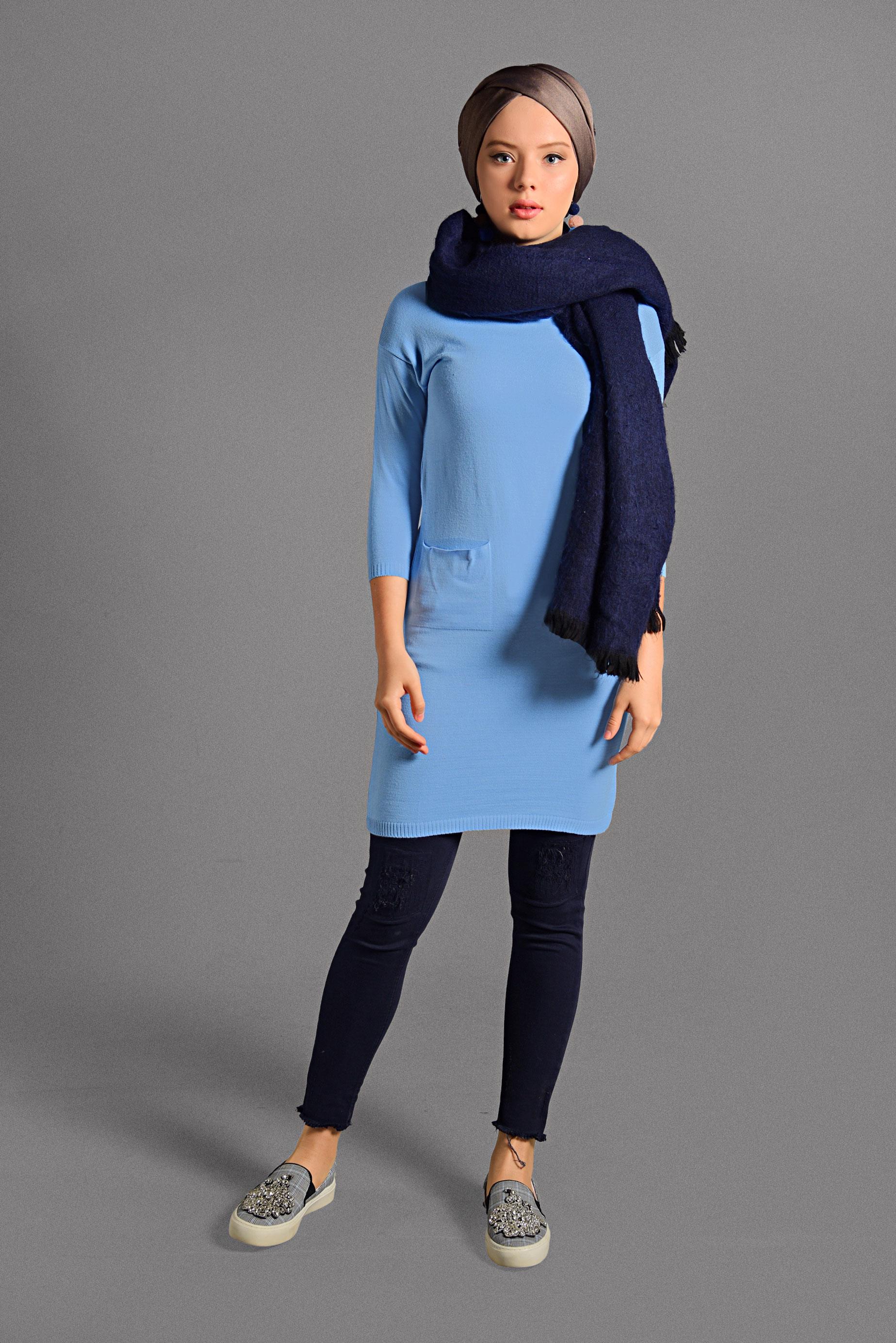 Tesettür giyim MAVİ CEPLİ TRİKO TUNİK 40424