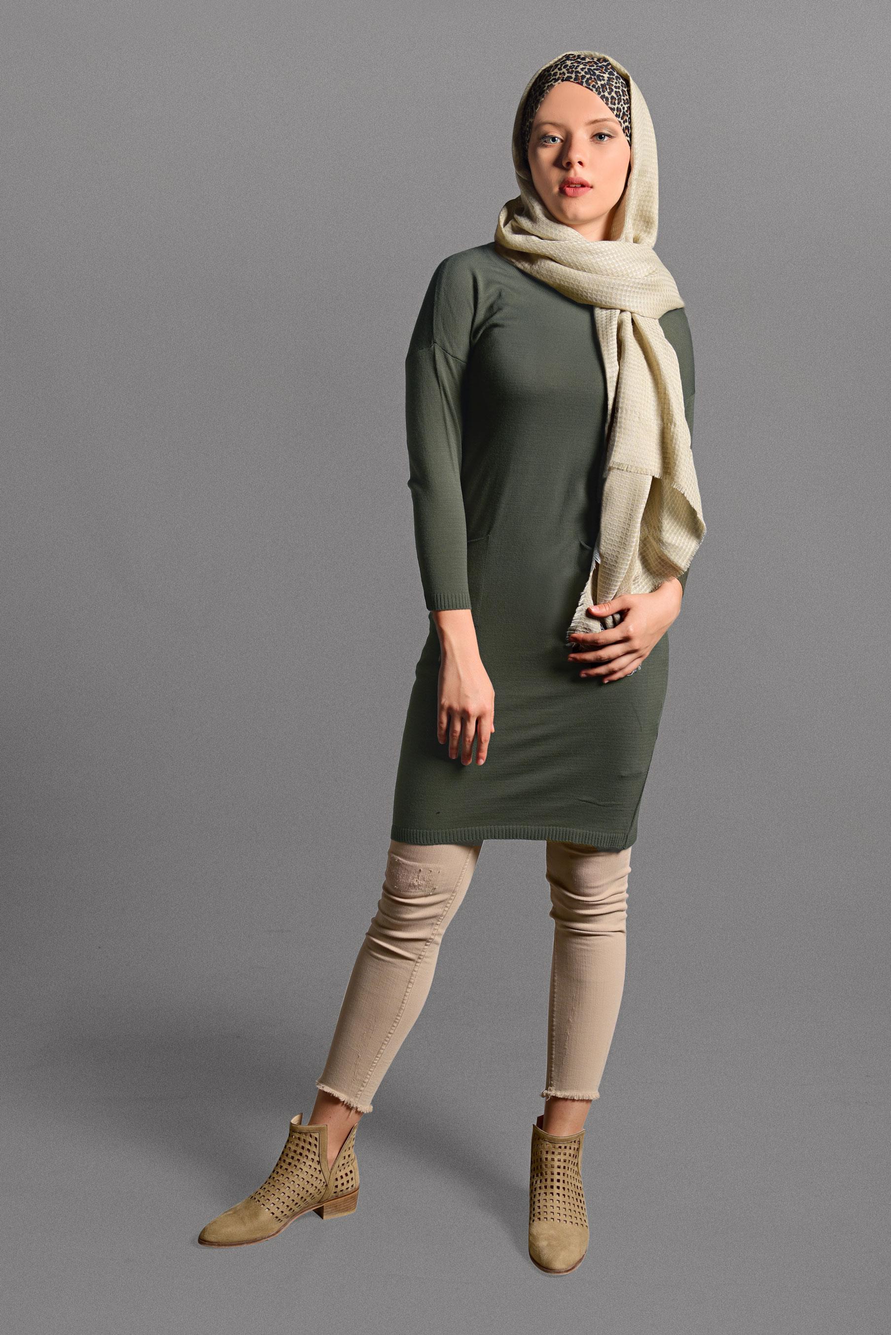 Tesettür giyim HAKİ CEPLİ TRİKO TUNİK 40424