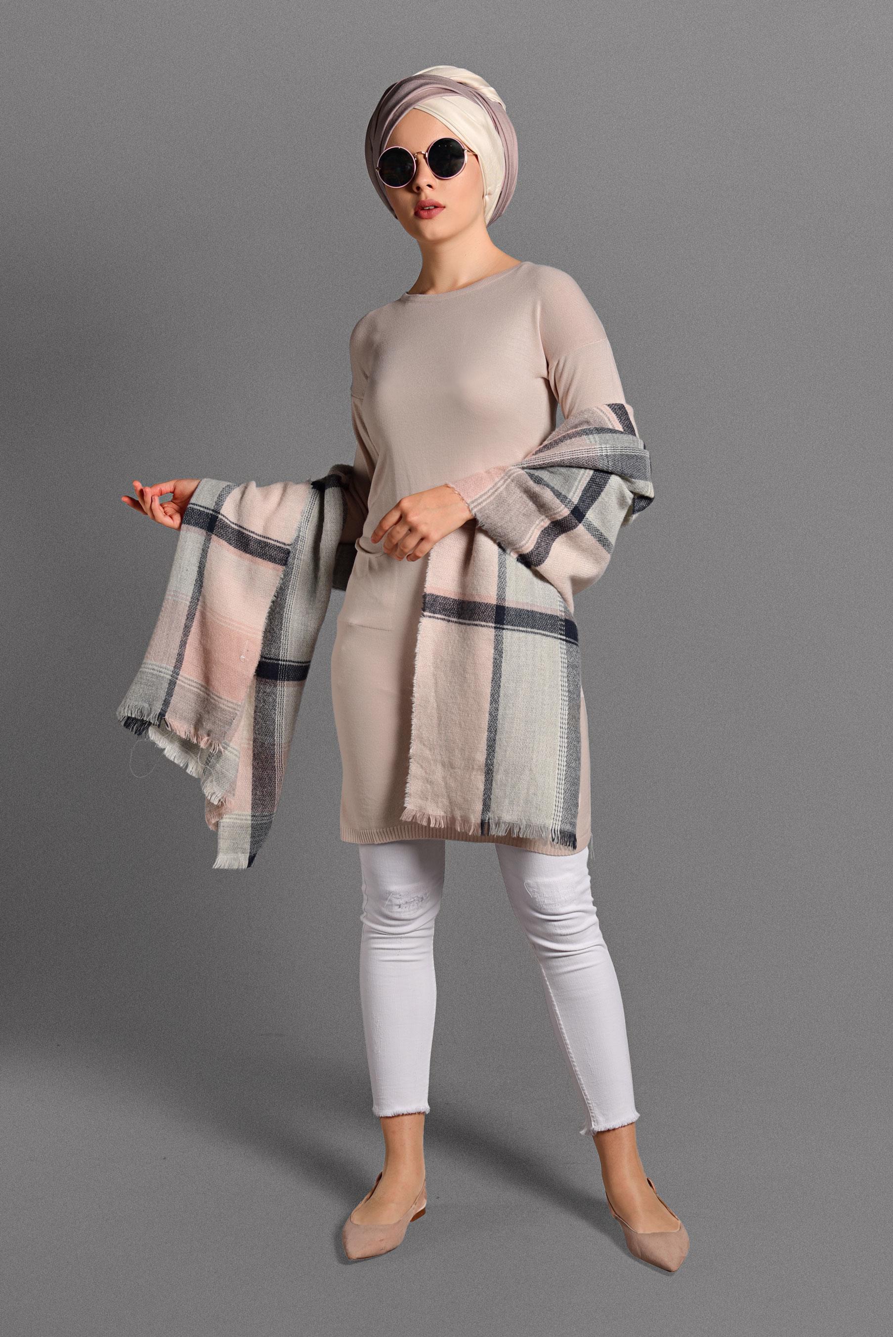 Tesettür giyim PUDRA CEPLİ TRİKO TUNİK 40424