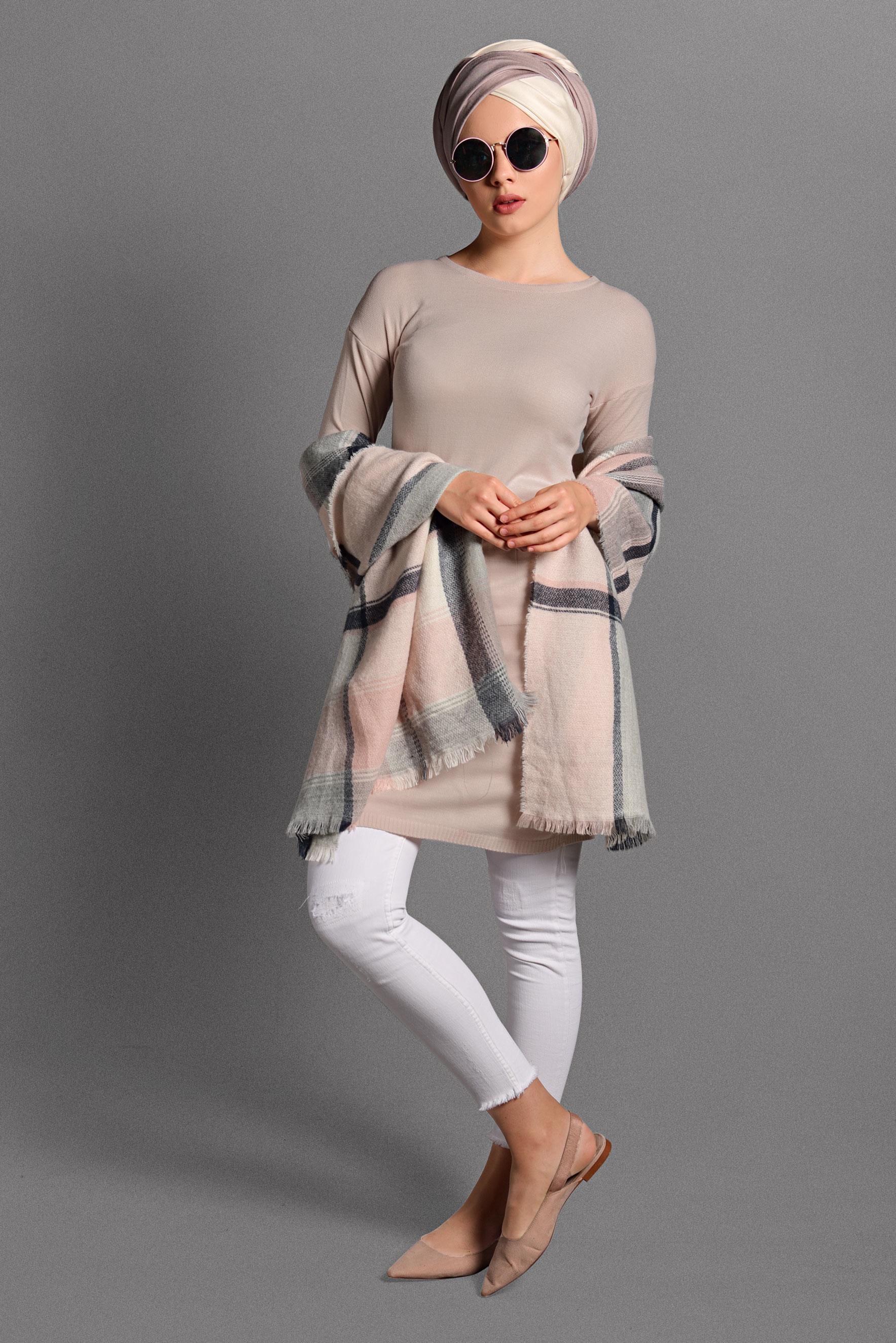 Tesettür giyim PUDRA CEPLİ TRİKO TUNİK 40424