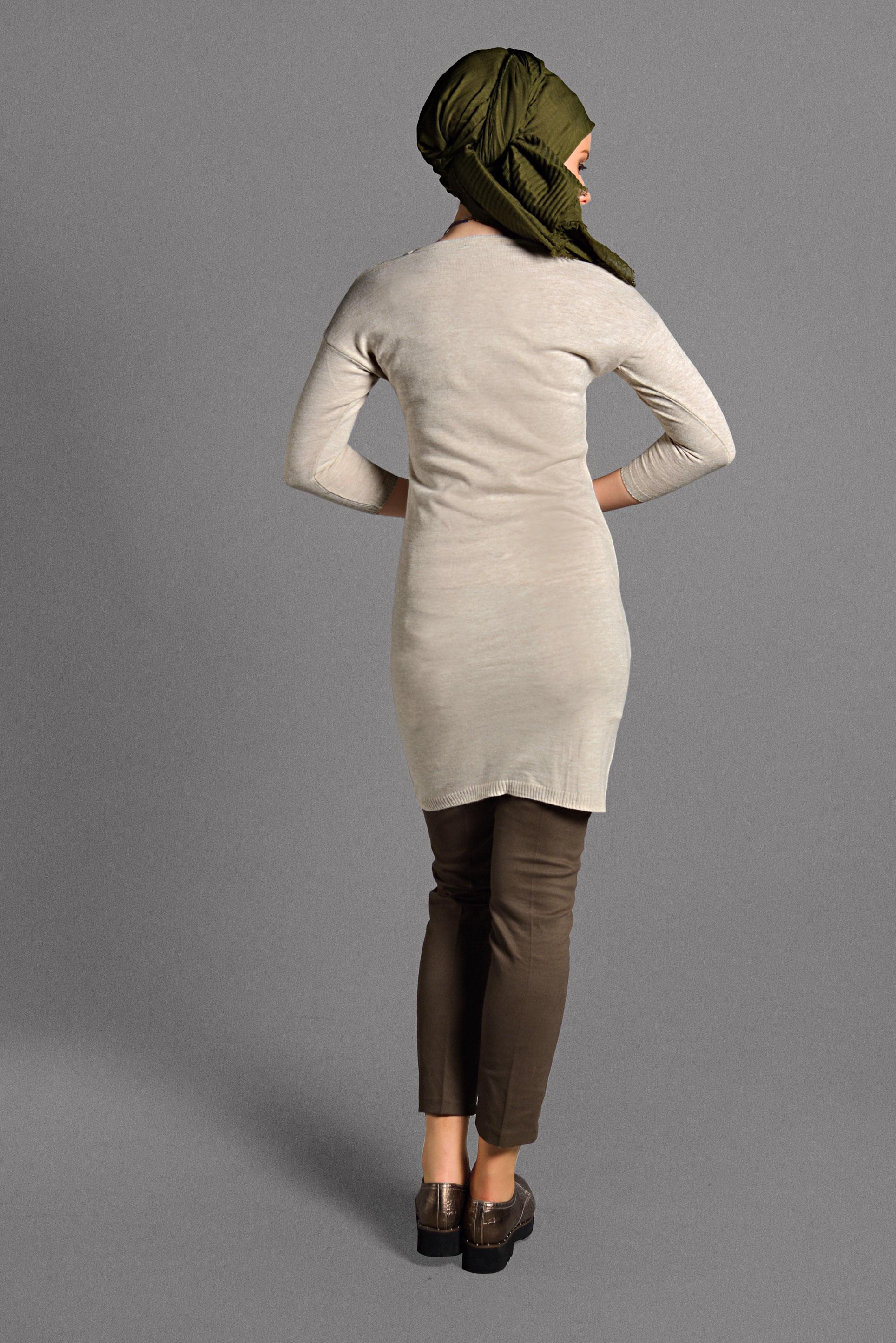 Tesettür giyim BEJ CEPLİ TRİKO TUNİK 40424