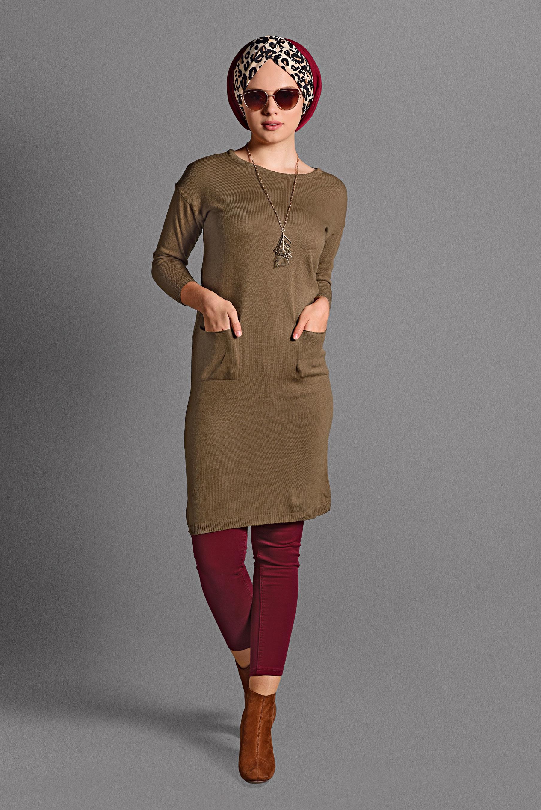 Tesettür giyim TABA CEPLİ TRİKO TUNİK 40424