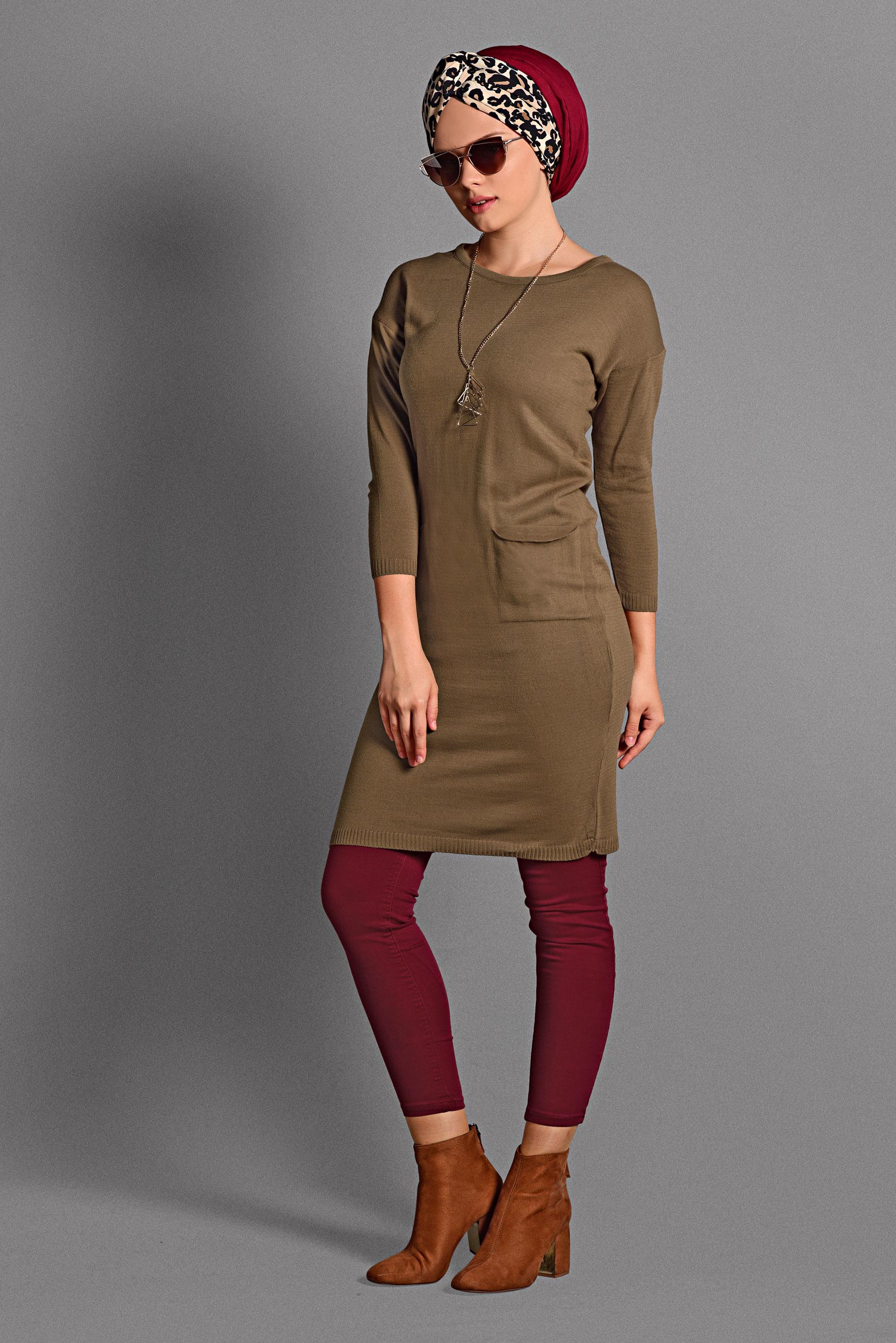 Tesettür giyim TABA CEPLİ TRİKO TUNİK 40424