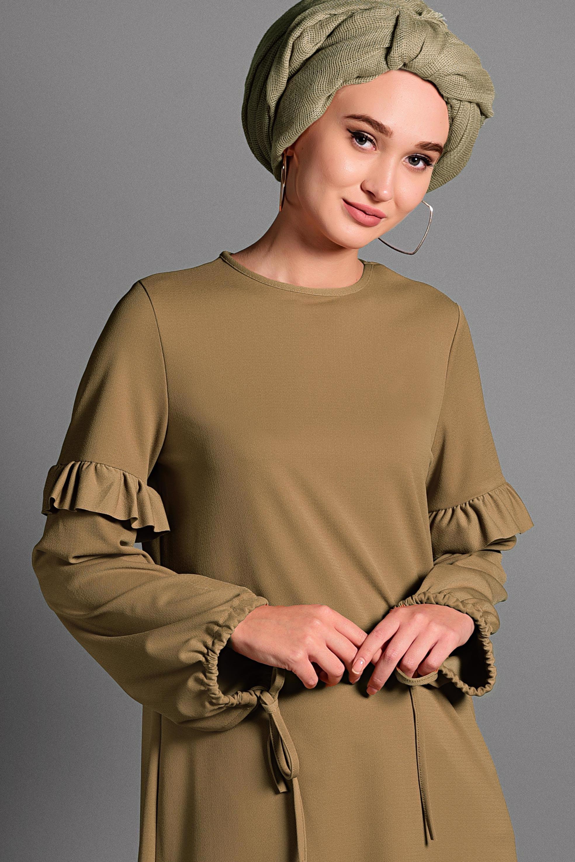 Tesettür giyim SARI KOLLARI BAĞCIKLI FIRFIR DETAYLI TUNİK 4054