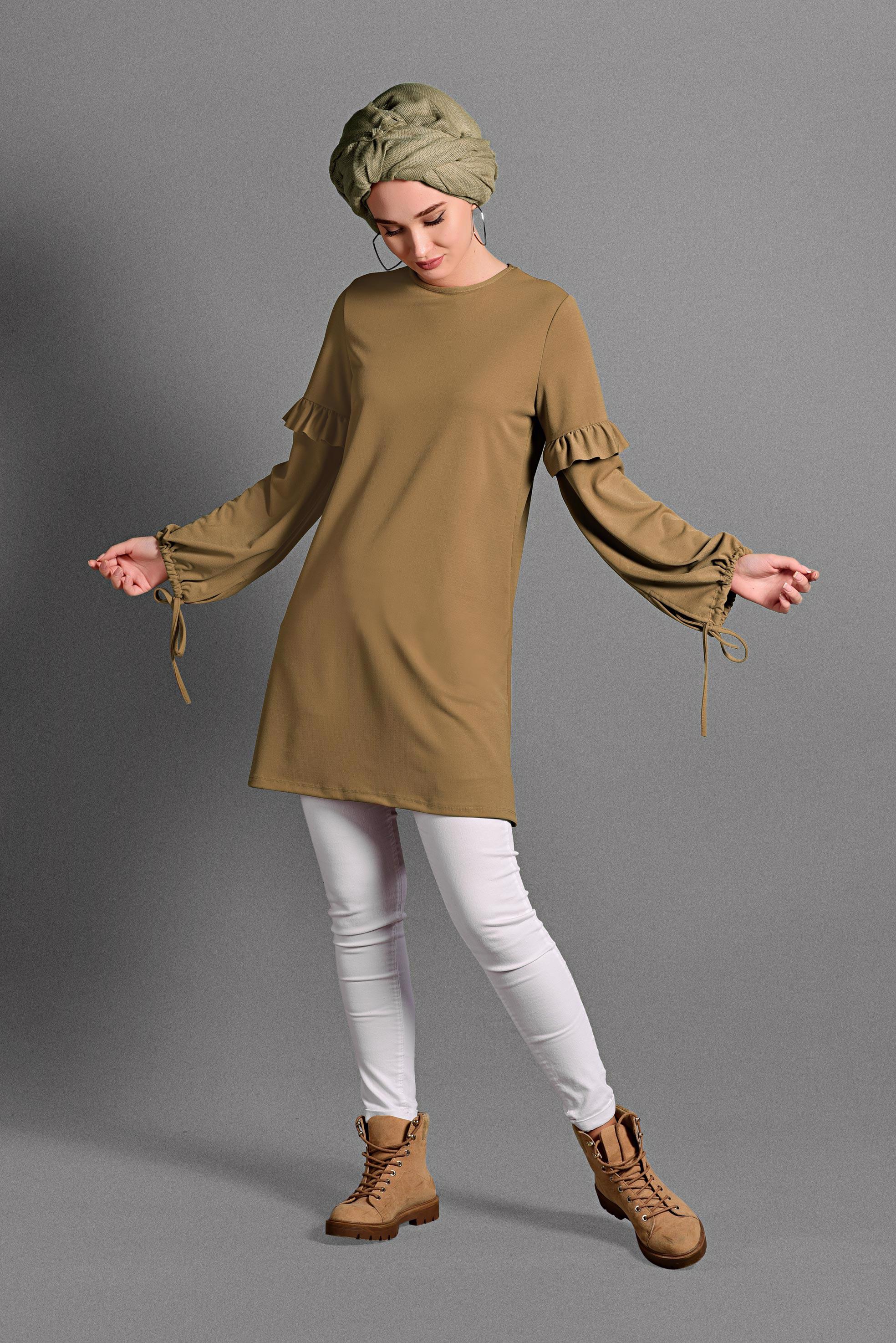 Tesettür giyim SARI KOLLARI BAĞCIKLI FIRFIR DETAYLI TUNİK 4054