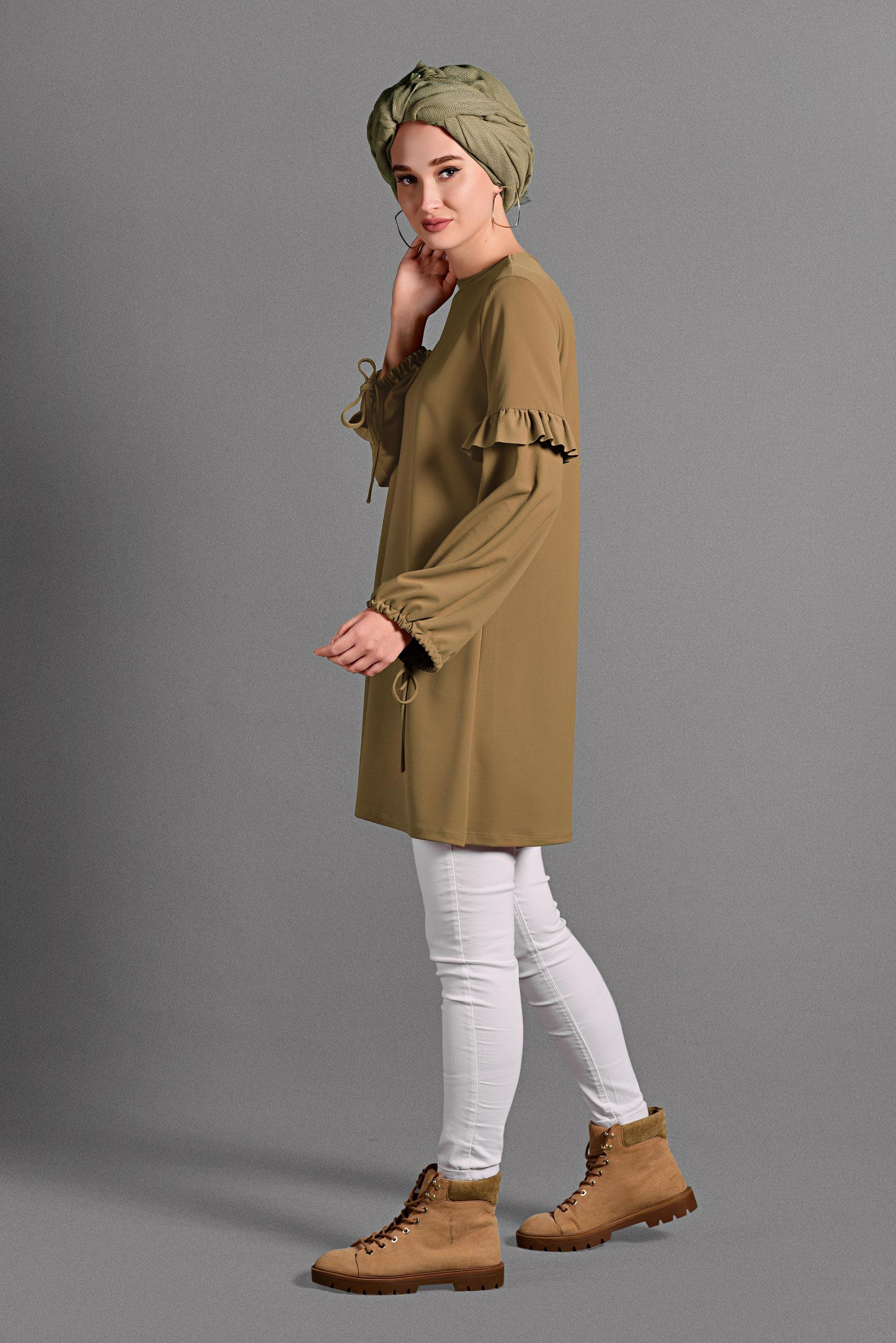 Tesettür giyim SARI KOLLARI BAĞCIKLI FIRFIR DETAYLI TUNİK 4054