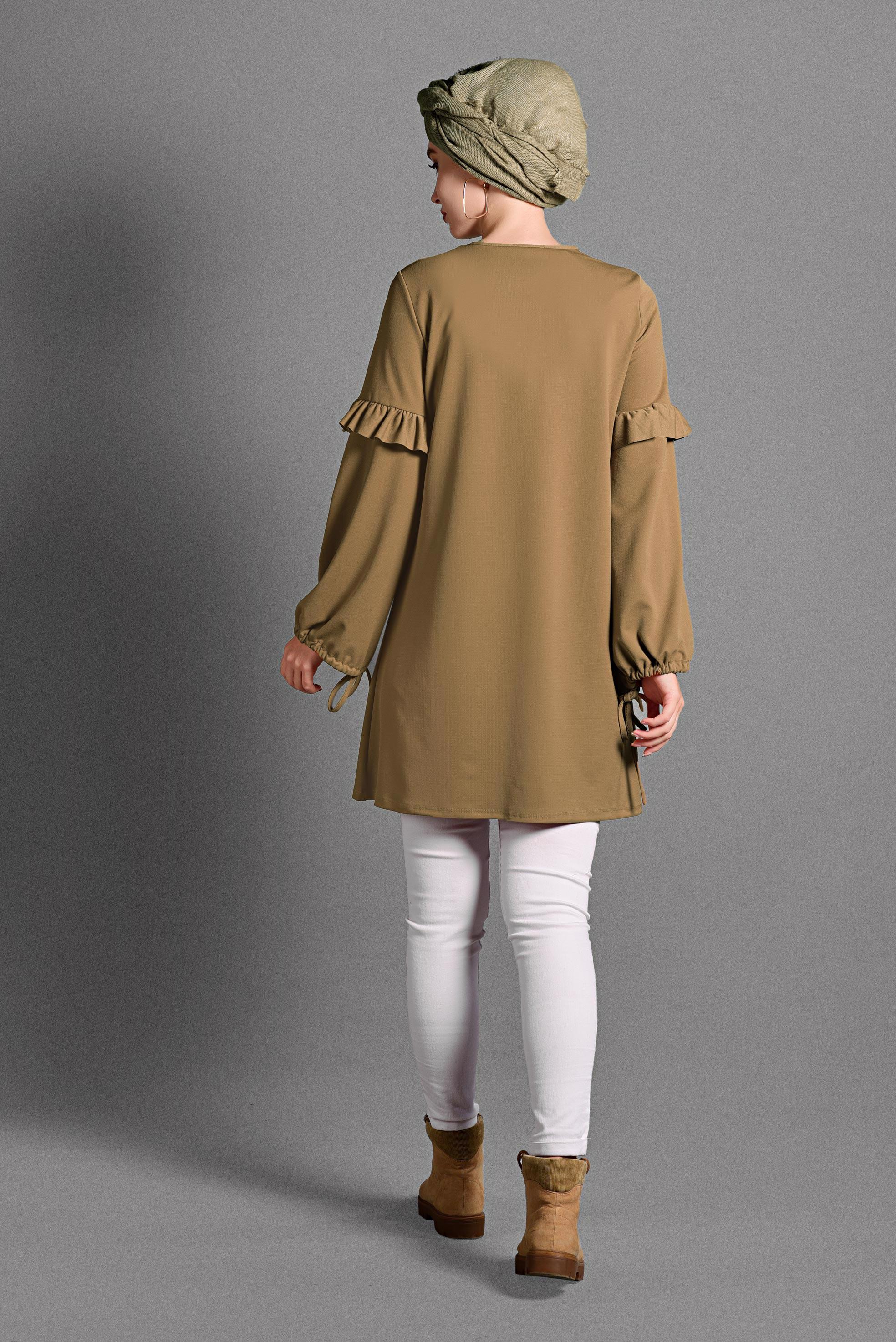 Tesettür giyim SARI KOLLARI BAĞCIKLI FIRFIR DETAYLI TUNİK 4054