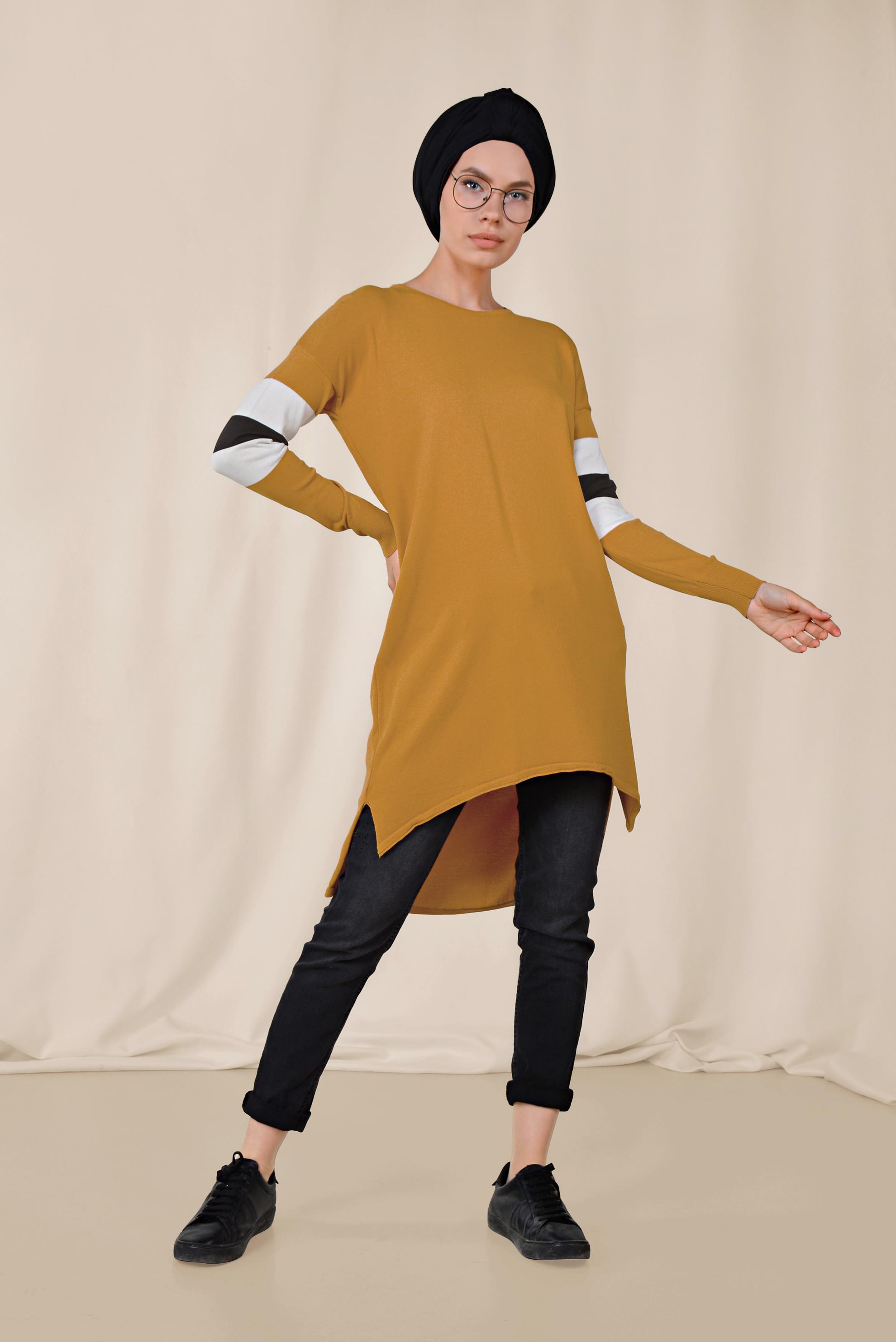 Tesettür giyim SARI YANLARI YIRTMAÇLI TUNİK 4140 