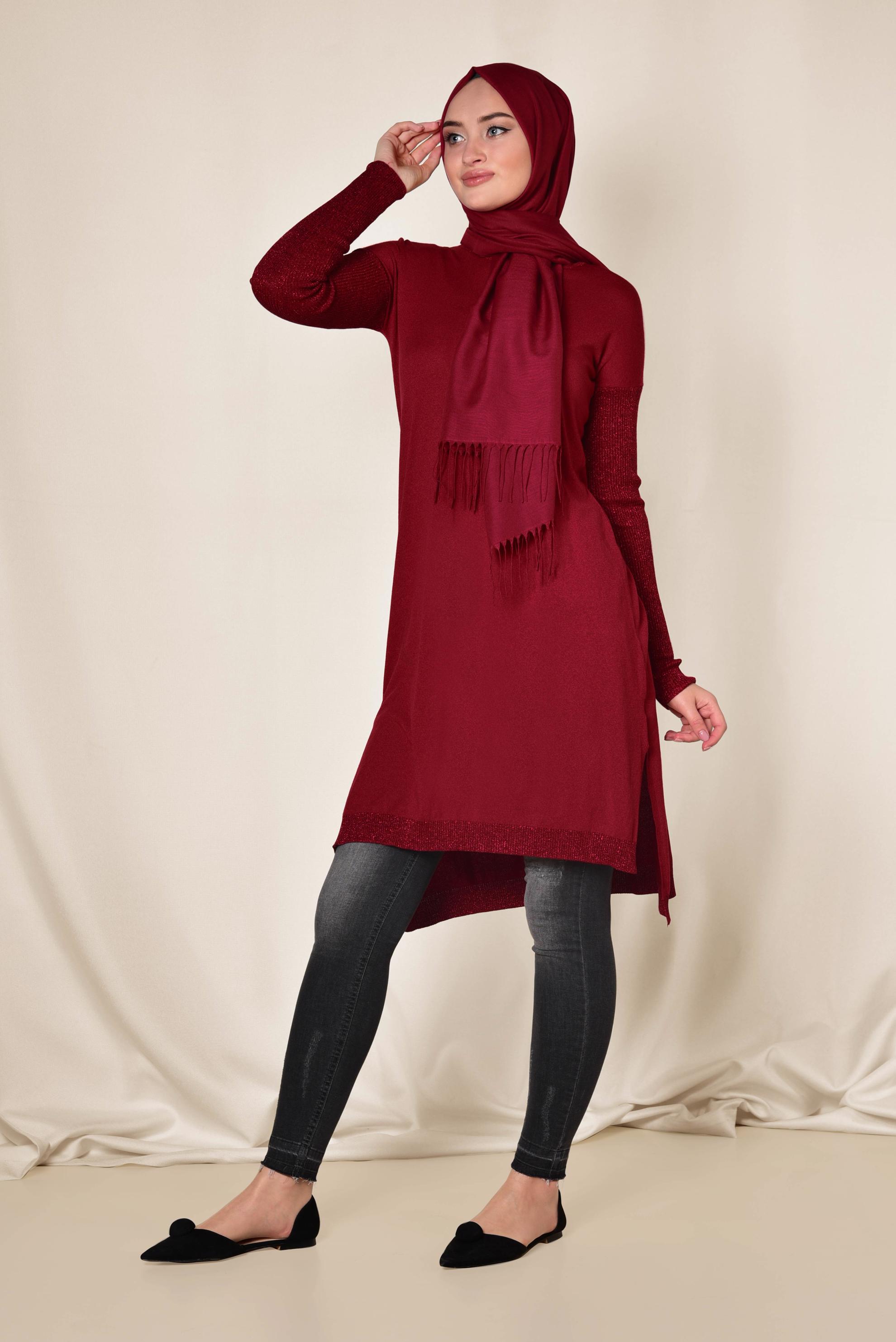 Tesettür giyim KIRMIZI YANLARI YIRTMAÇLI SİMLİ TUNİK 4523