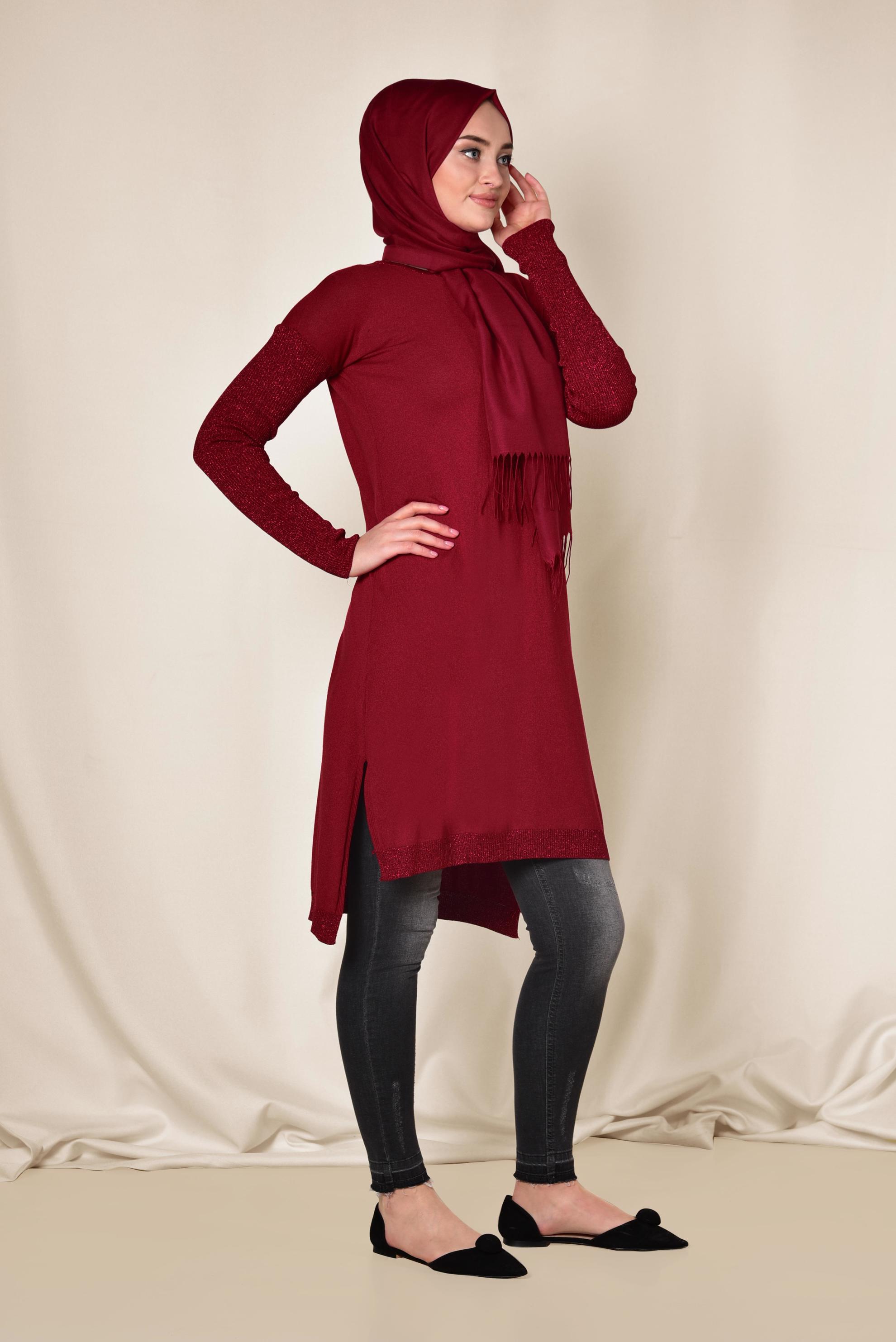 Tesettür giyim KIRMIZI YANLARI YIRTMAÇLI SİMLİ TUNİK 4523