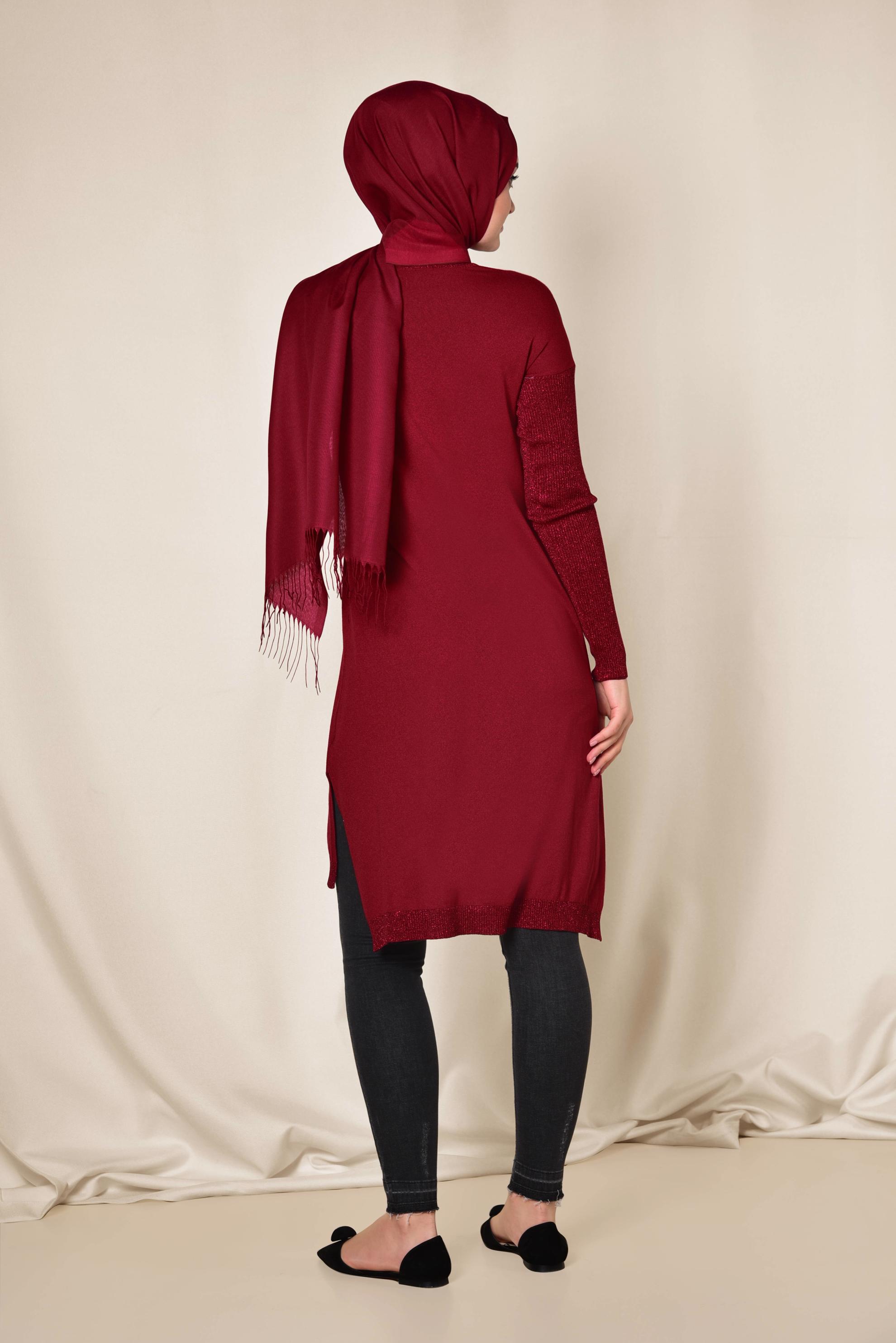 Tesettür giyim KIRMIZI YANLARI YIRTMAÇLI SİMLİ TUNİK 4523