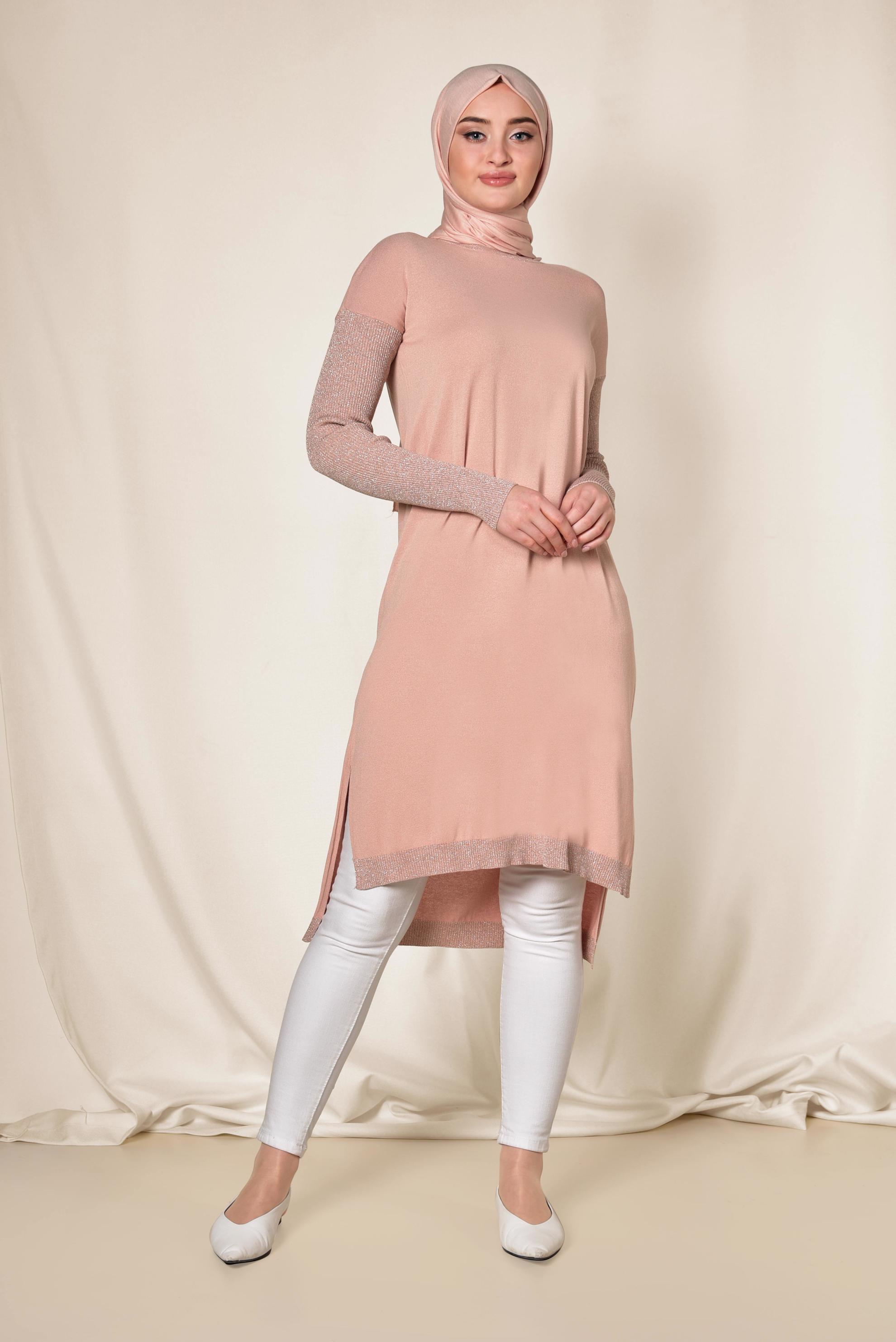 Tesettür giyim PUDRA YANLARI YIRTMAÇLI SİMLİ TUNİK 4523