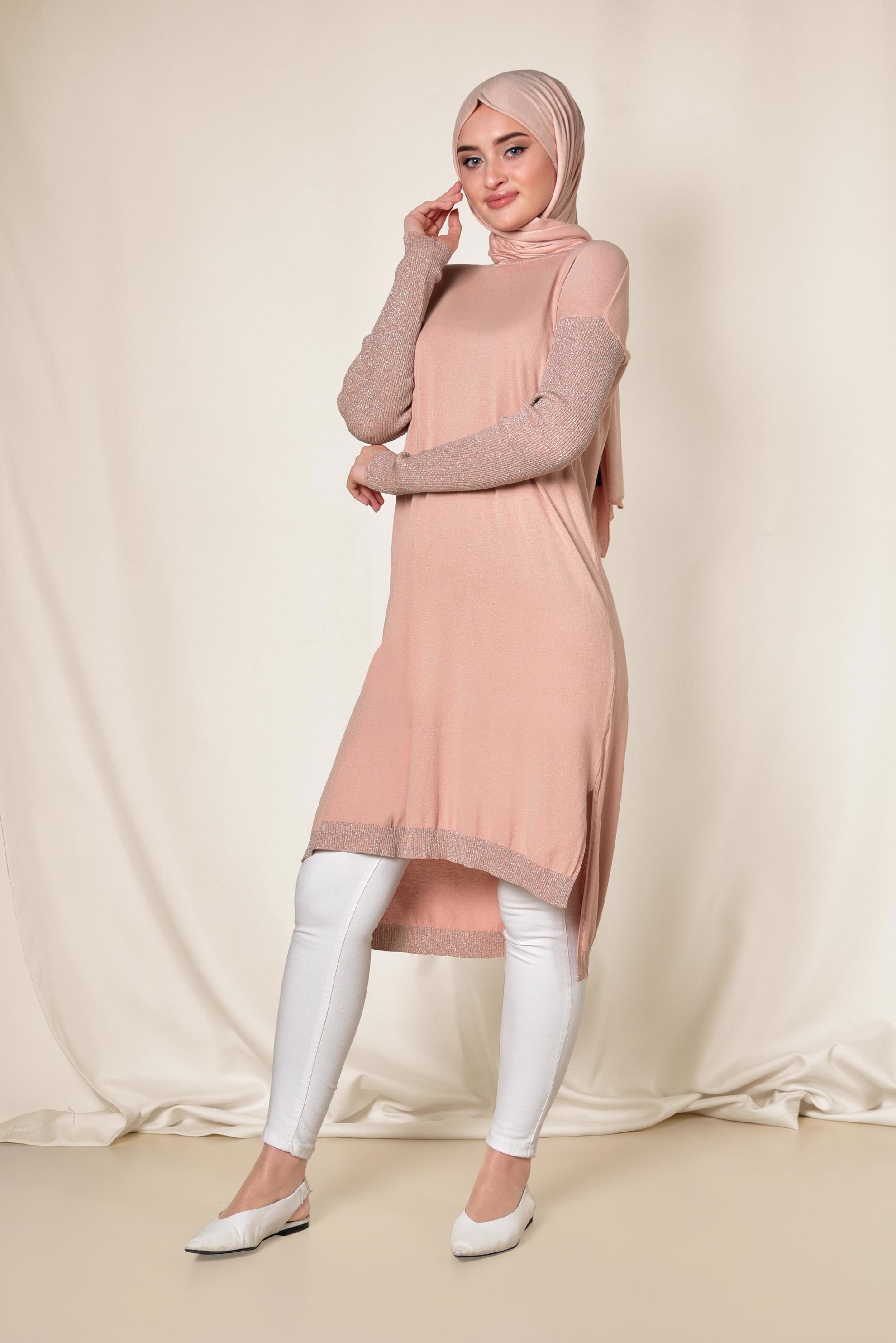 Tesettür giyim PUDRA YANLARI YIRTMAÇLI SİMLİ TUNİK 4523