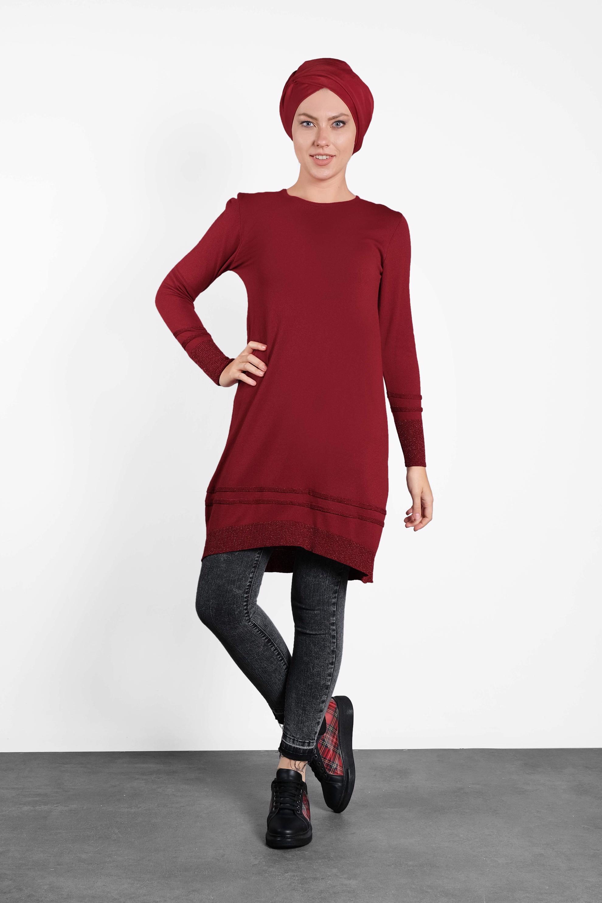 Tesettür giyim KIRMIZI SİM DETAYLI TRİKO TUNİK 4524