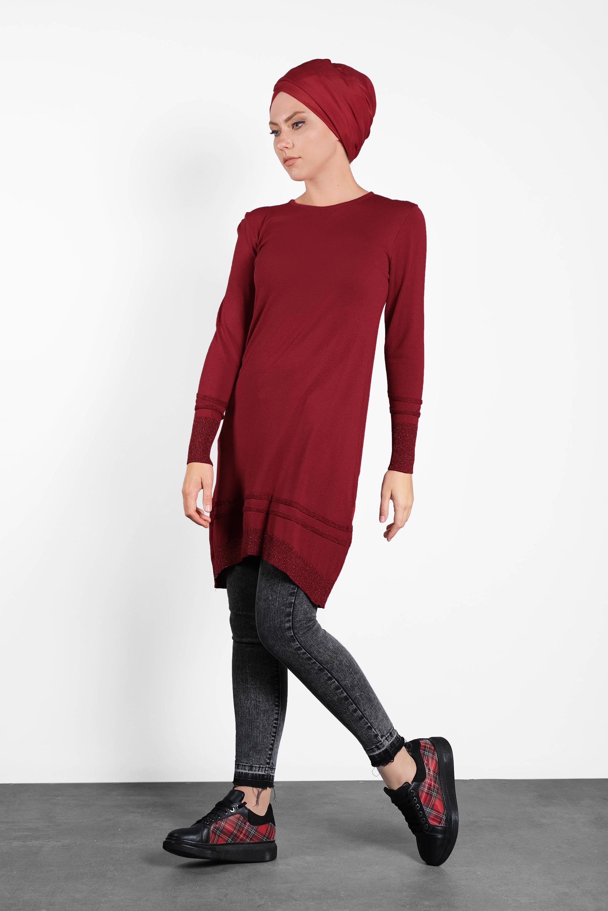 Tesettür giyim KIRMIZI SİM DETAYLI TRİKO TUNİK 4524