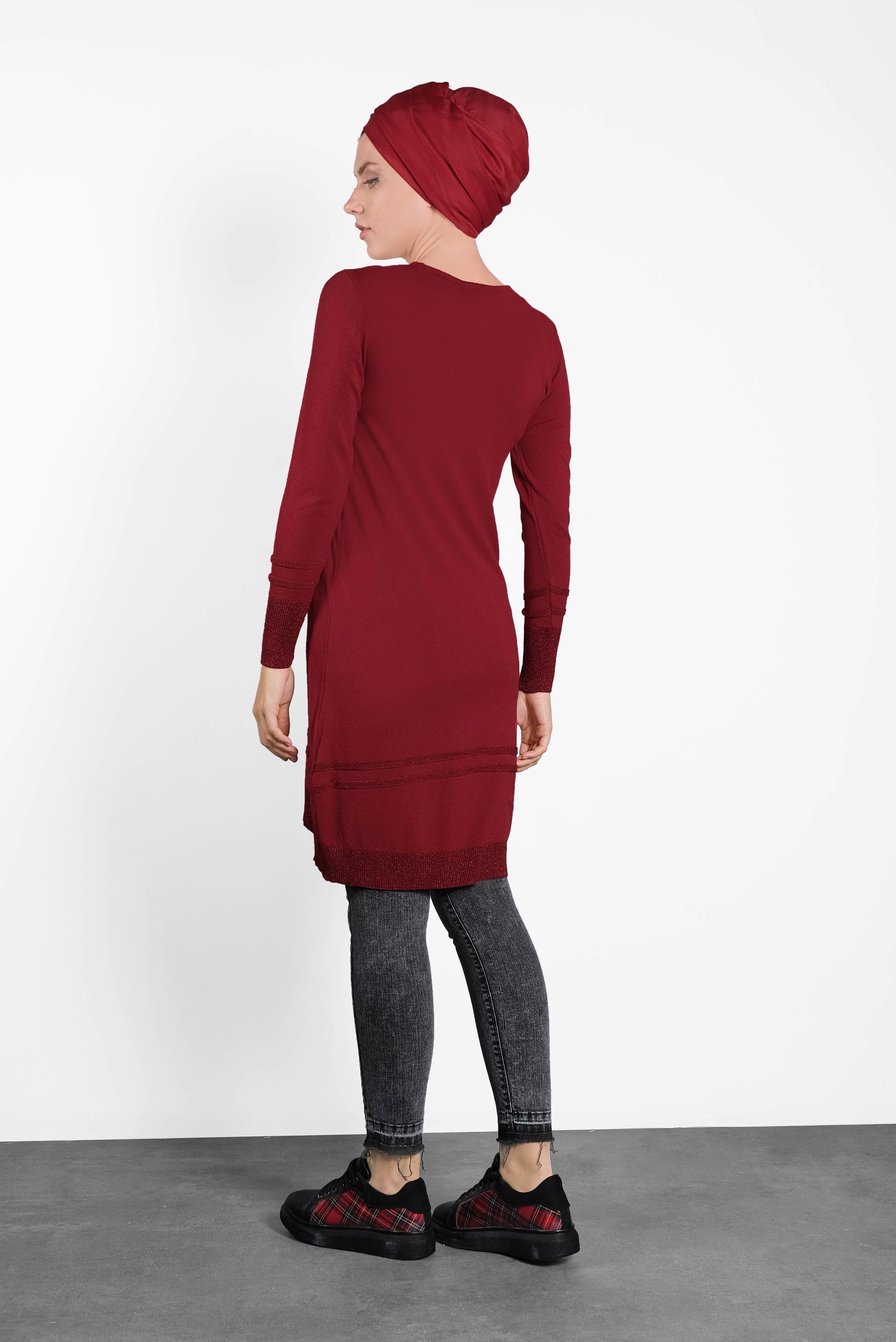 Tesettür giyim KIRMIZI SİM DETAYLI TRİKO TUNİK 4524