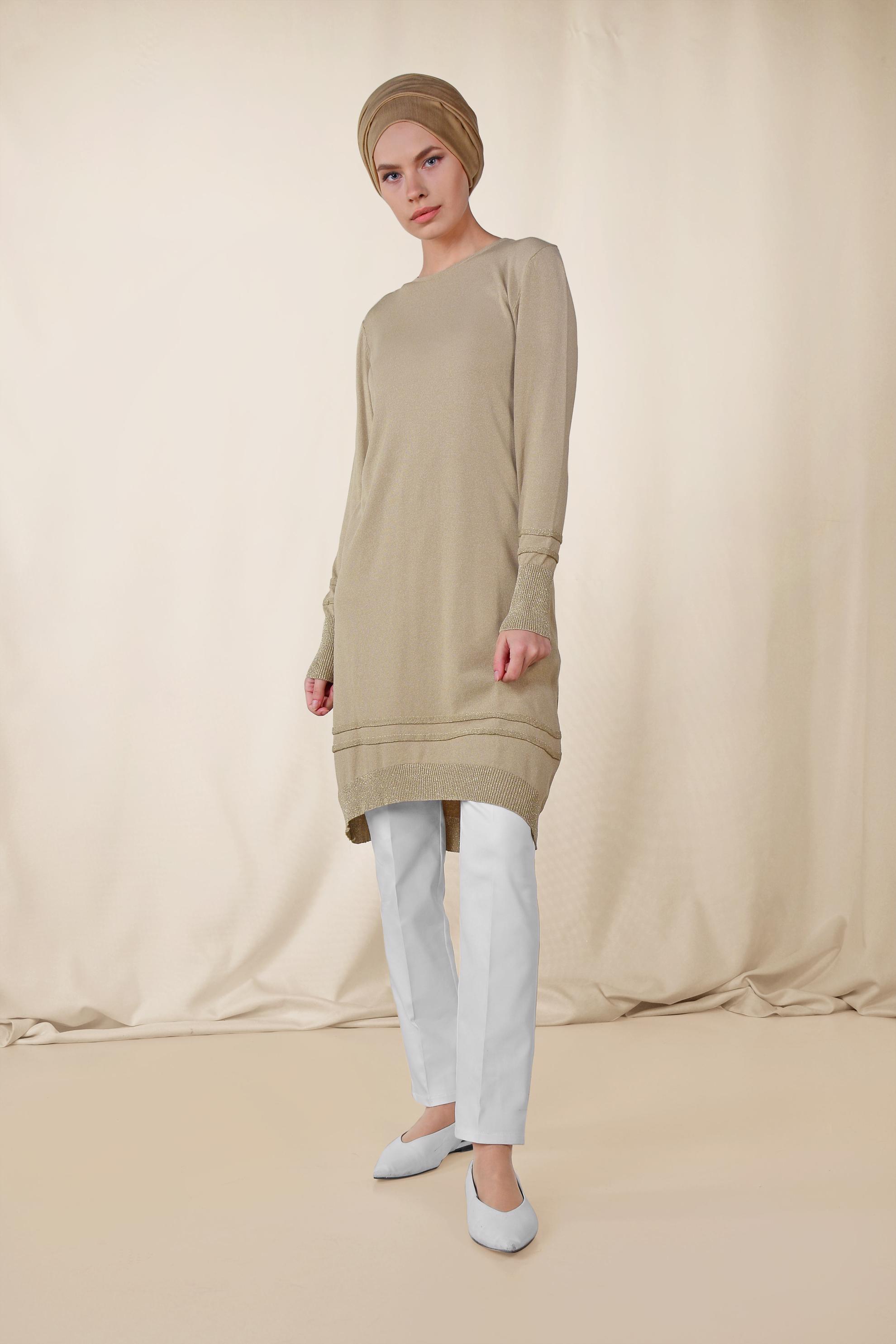 Tesettür giyim BEJ SİM DETAYLI TRİKO TUNİK 4524