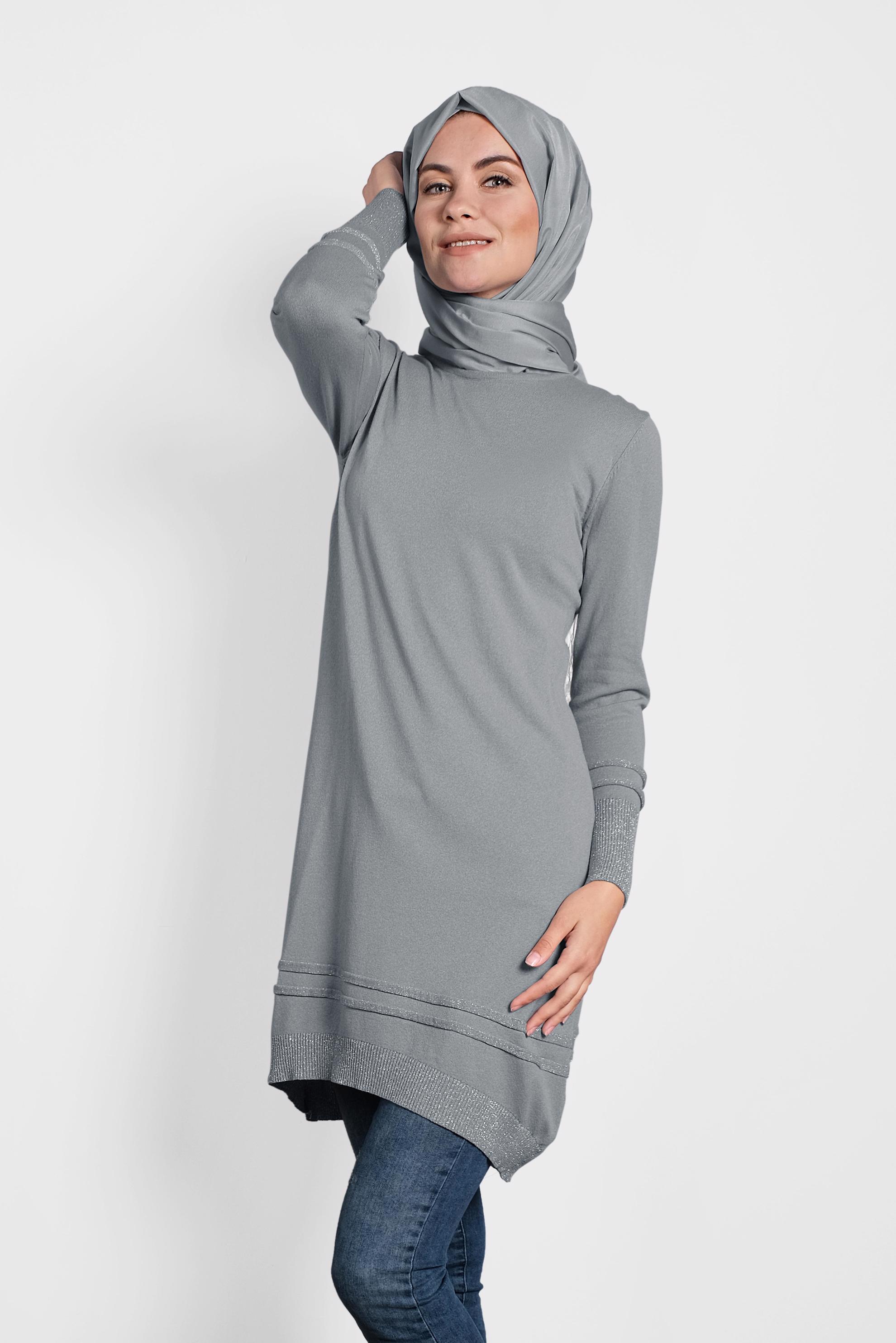 Tesettür giyim GRİ SİM DETAYLI TRİKO TUNİK 4524