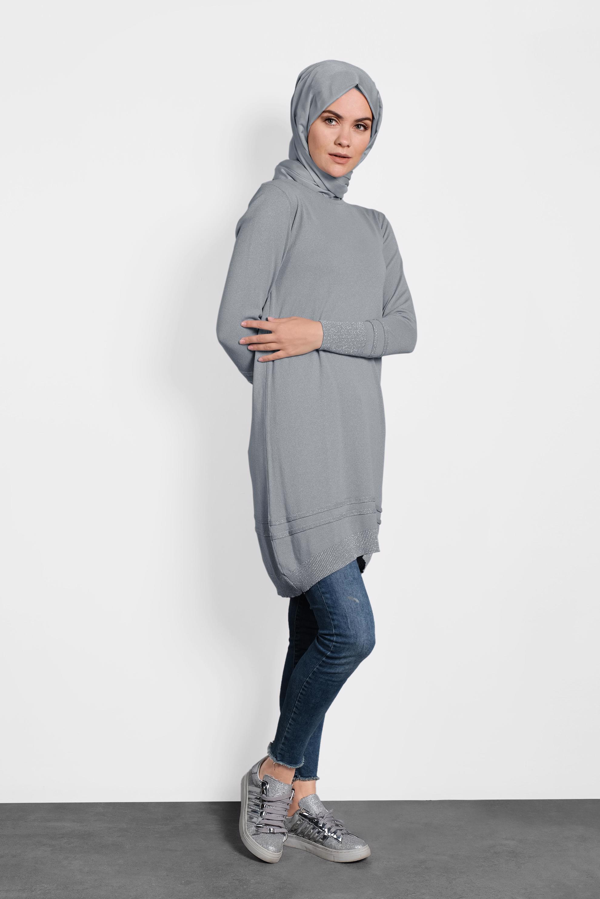 Tesettür giyim GRİ SİM DETAYLI TRİKO TUNİK 4524